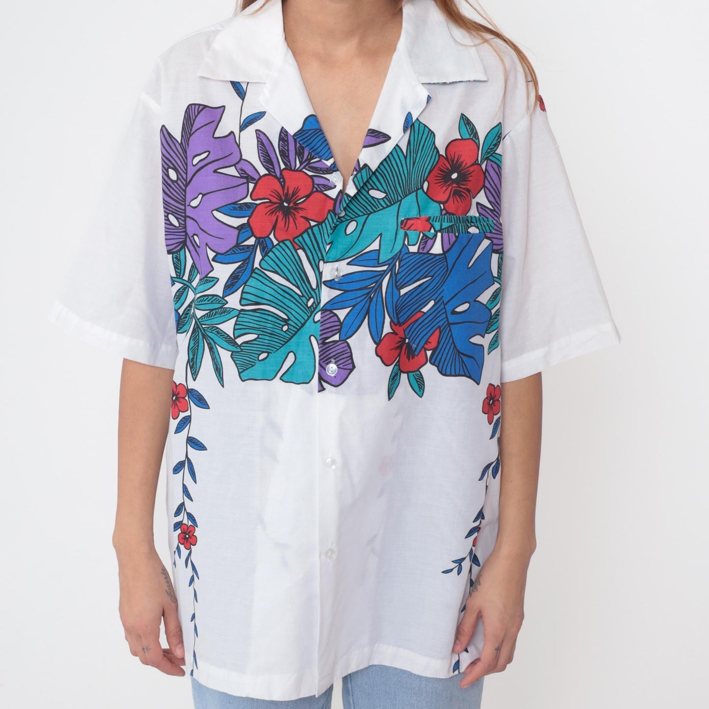 90s Hilo Hattie's Tropical Floral Shirt White Hawaiian Button Up Extra Large XL