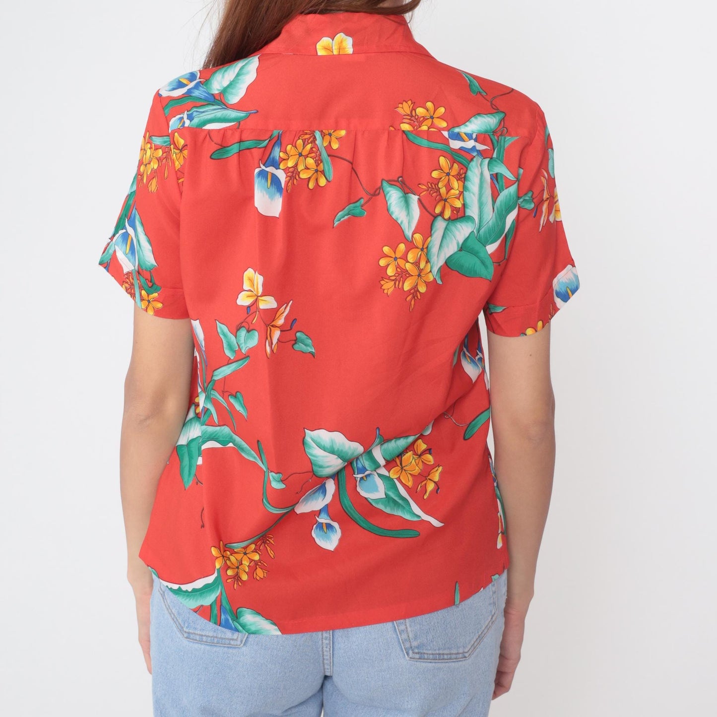 80s Hawaiian Shirt Red Floral Calla Lily Print Button Up Short Sleeve Medium