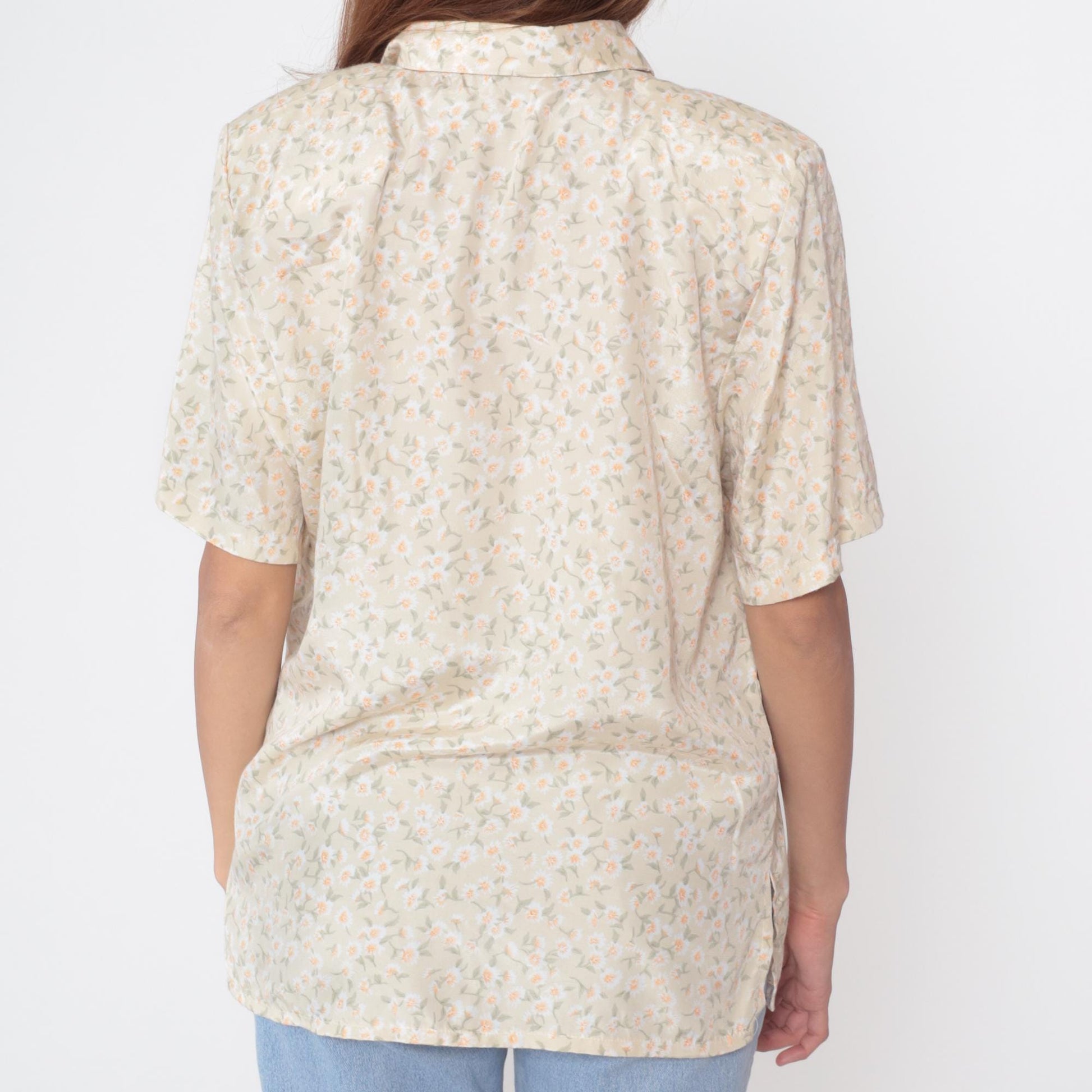 90s Daisy Floral Button-Up Shirt Beige Short Sleeve Pointed Collar Large L