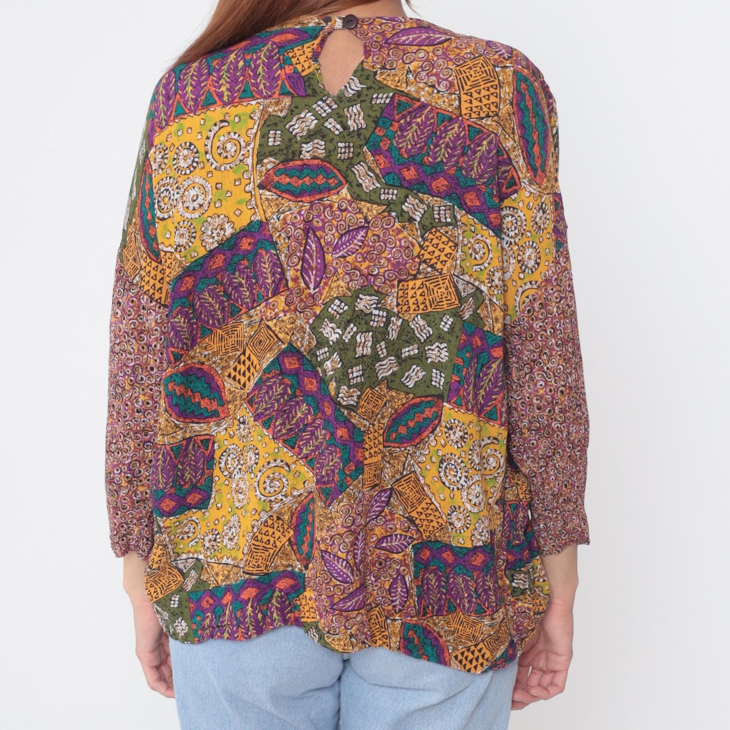 Y2K Multicolor Abstract Patchwork Rayon Shirt Long Sleeve Large L