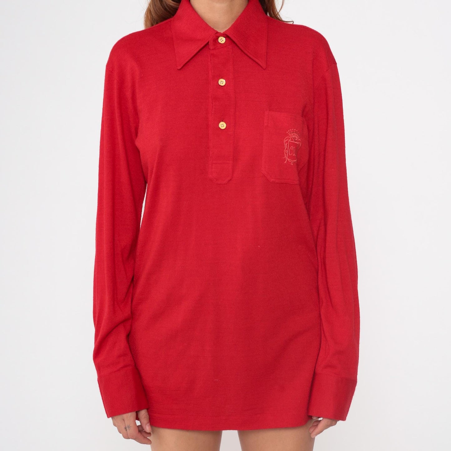 70s Countess Mara Red Polo Shirt Gold Buttons Embroidered Crest Large L