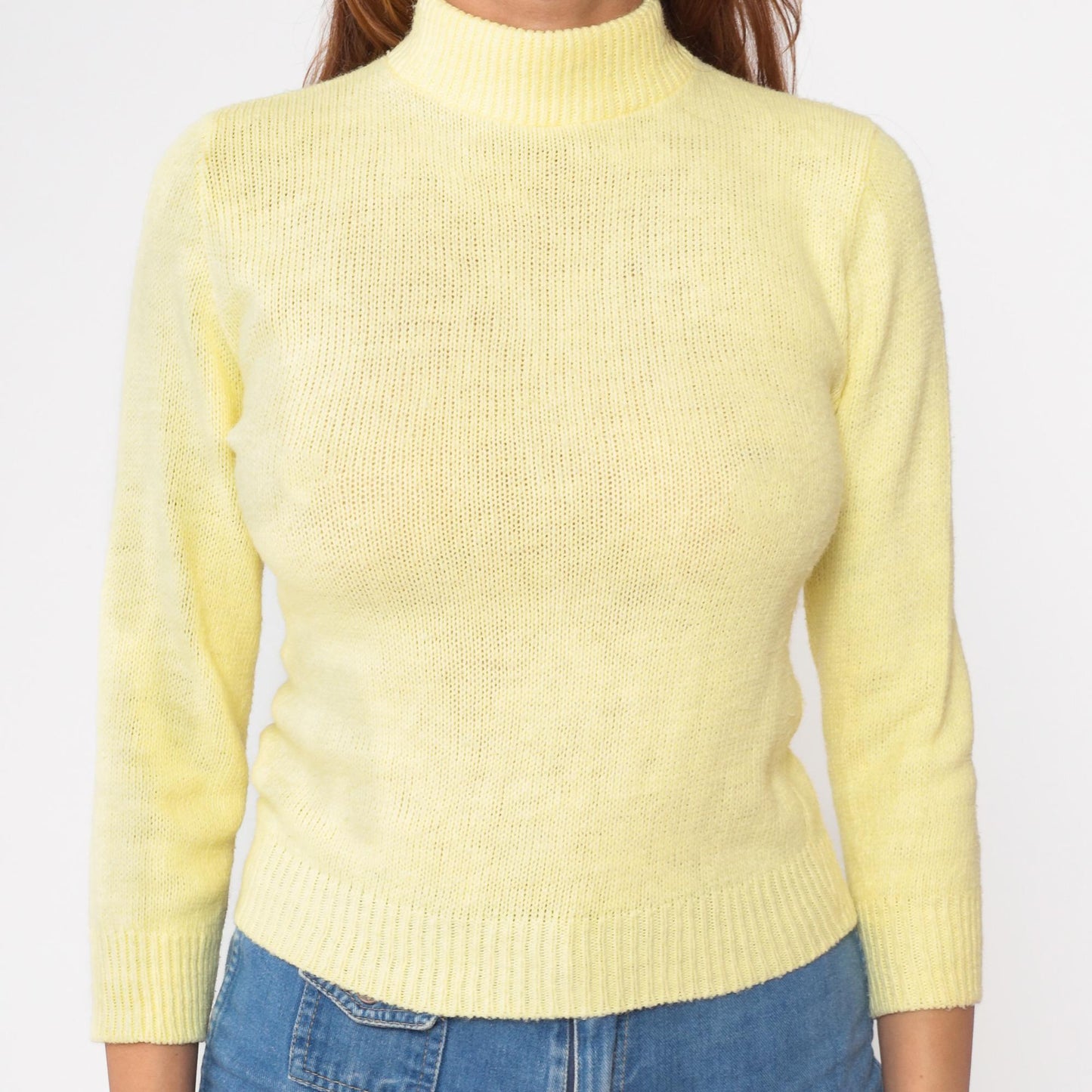 70s Yellow Knit Sweater Mock Neck Raglan Pullover Extra Small XS
