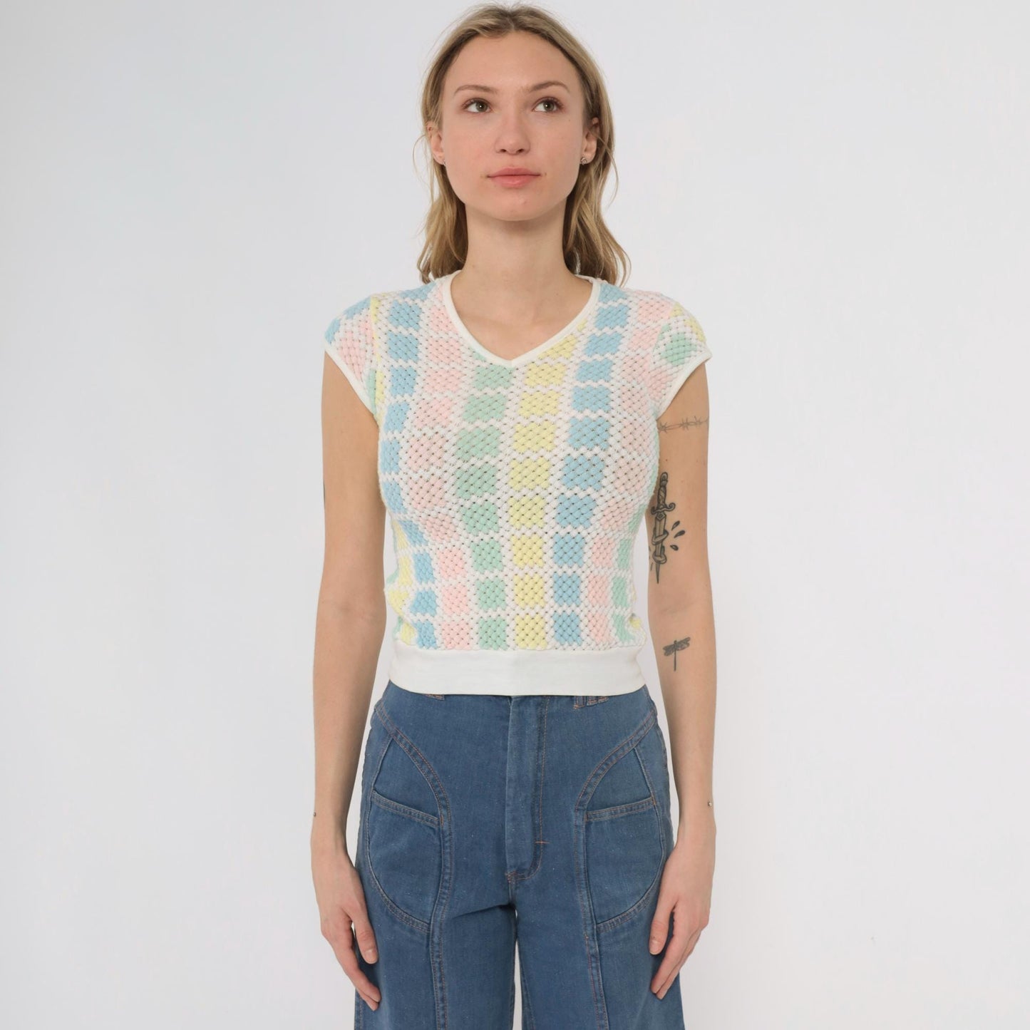 70s Pastel Checkered Mesh Crop Top V-Neck Cap Sleeve Pink Blue Yellow Mint Small