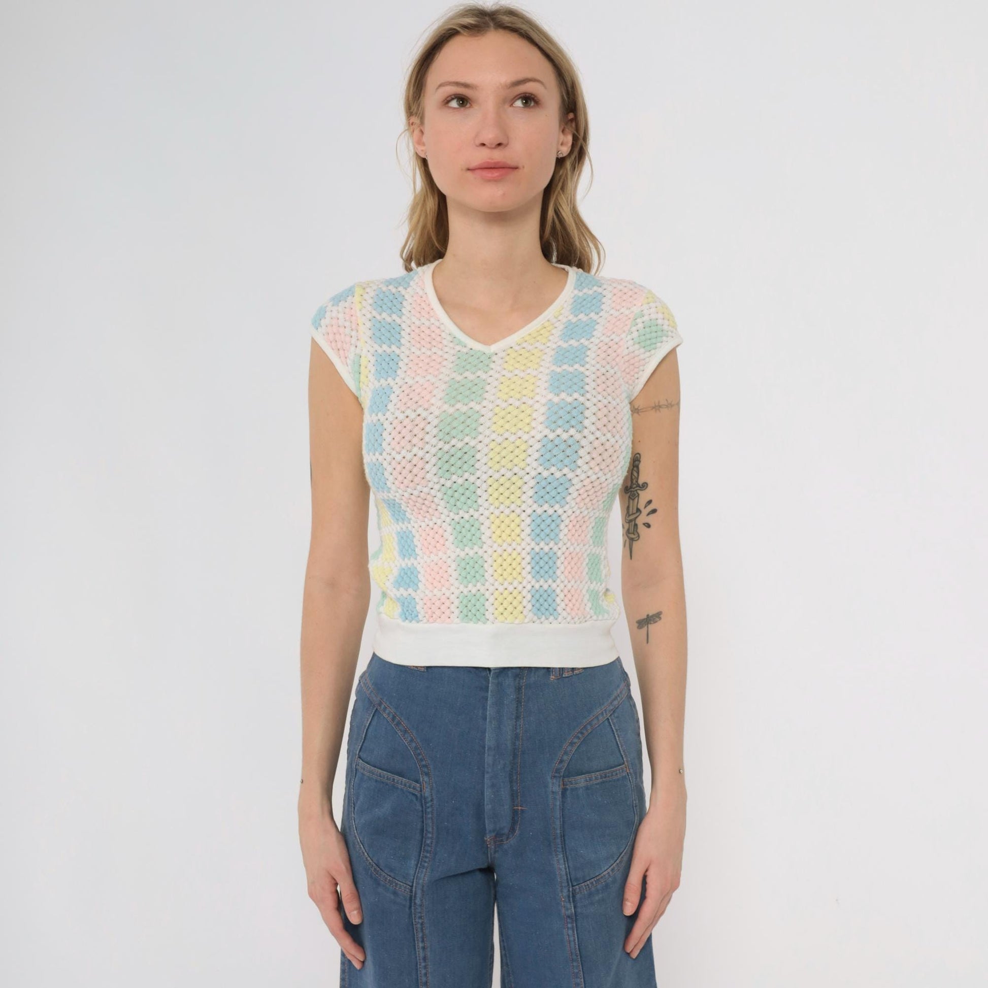 70s Pastel Checkered Mesh Crop Top V-Neck Cap Sleeve Pink Blue Yellow Mint Small