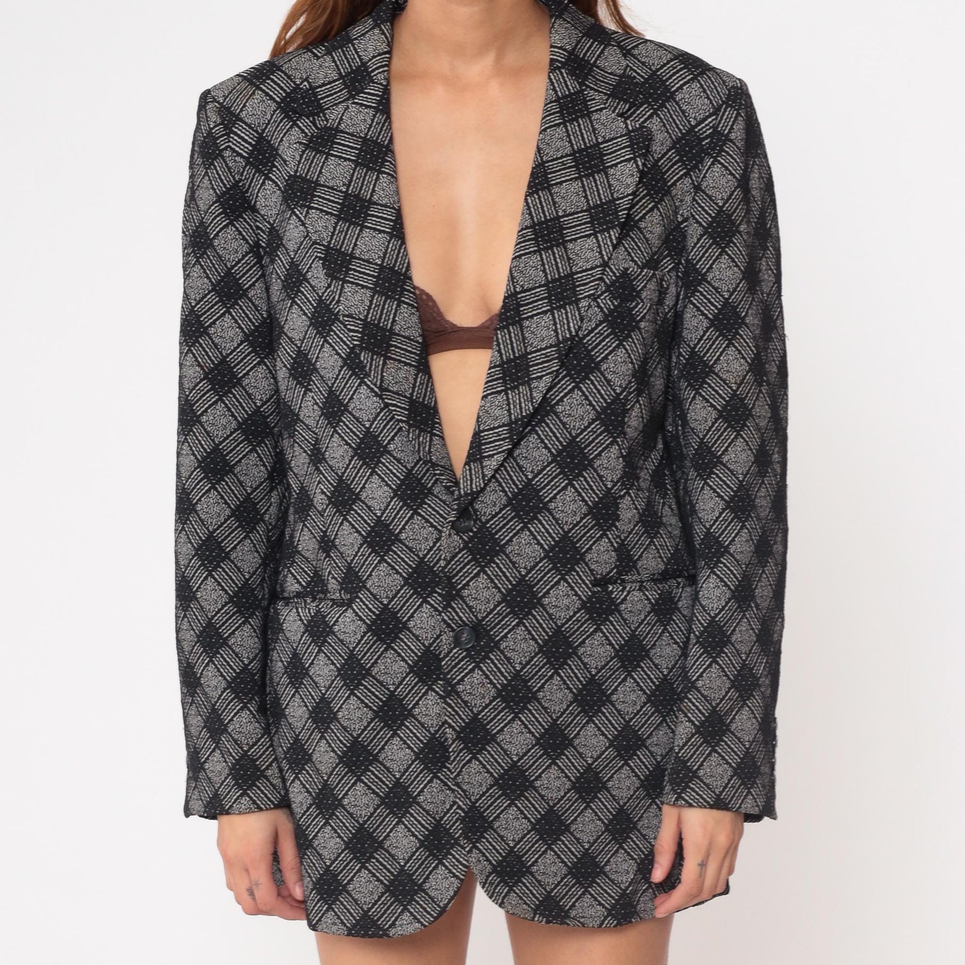 70s Black Gray Diagonal Plaid Blazer Notch Collar Button Front Medium