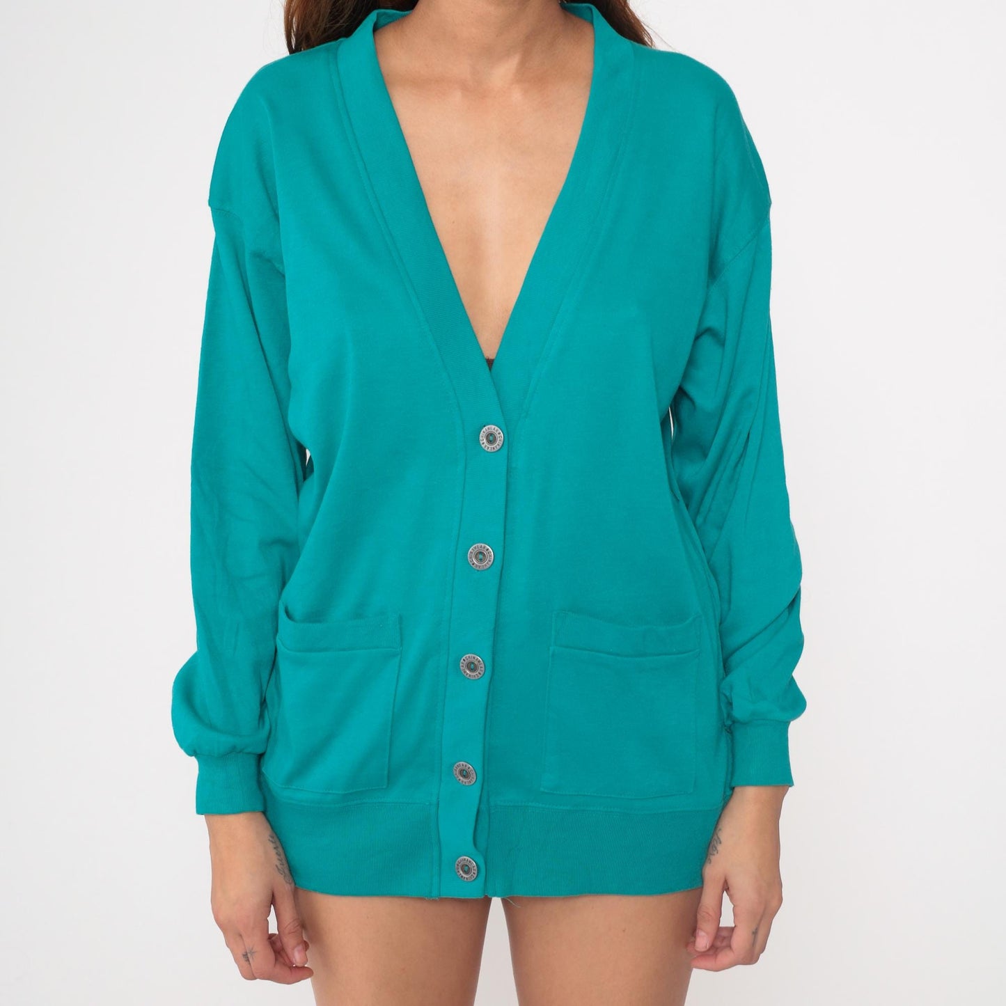 90s Teal Deep V-Neck Cardigan Cotton Blend Silver Buttons Pockets Small