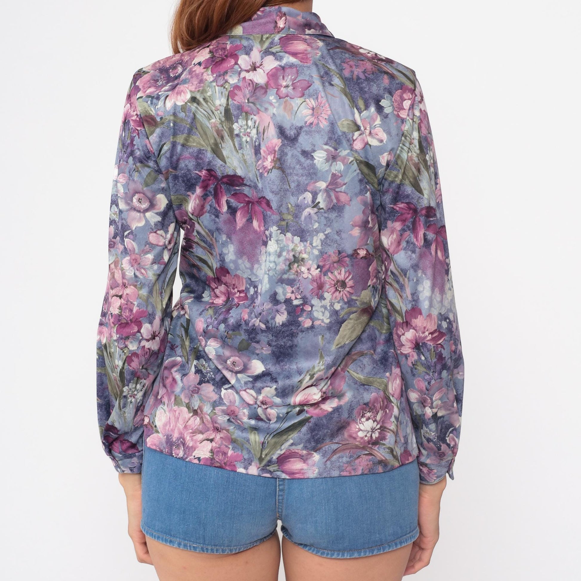 70s Lori Watercolor Floral Button Blouse Purple Pink Long Sleeve Small