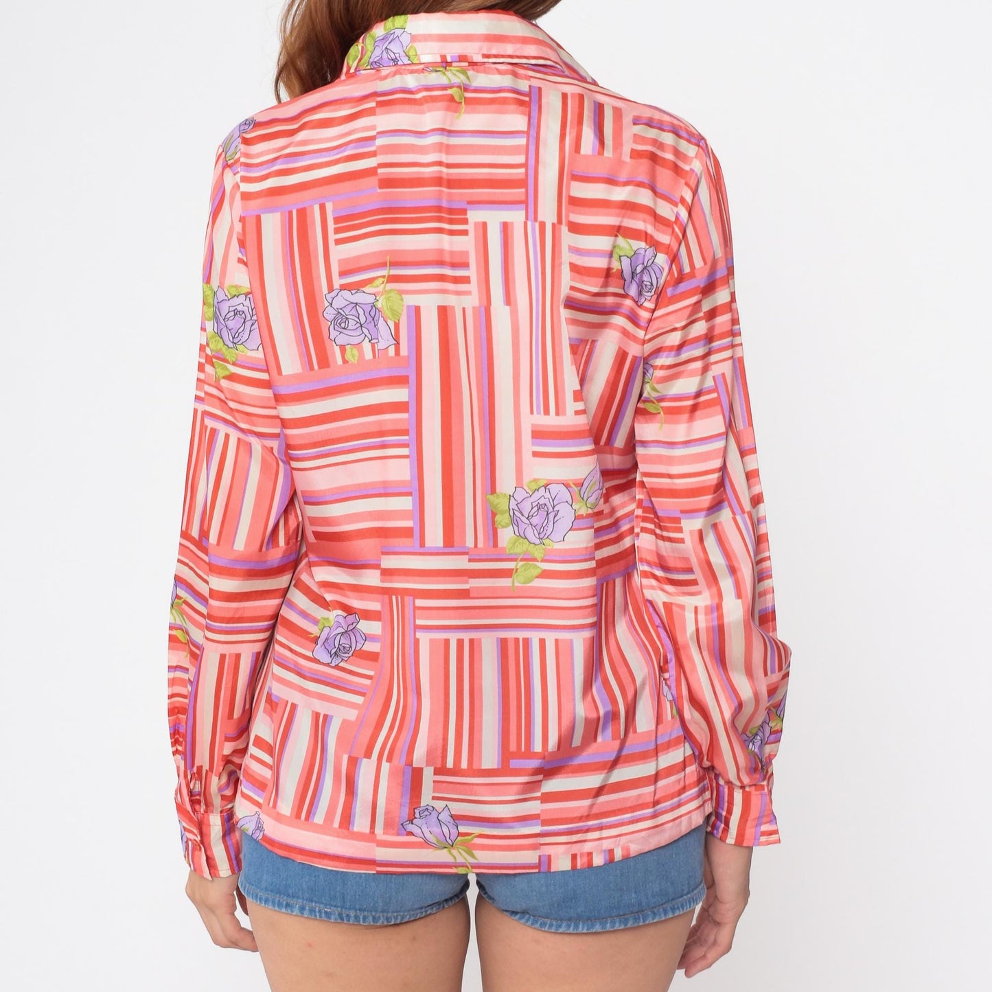 70s Coral Striped Floral Blouse Geometric Patchwork Purple Rose Button Down Large