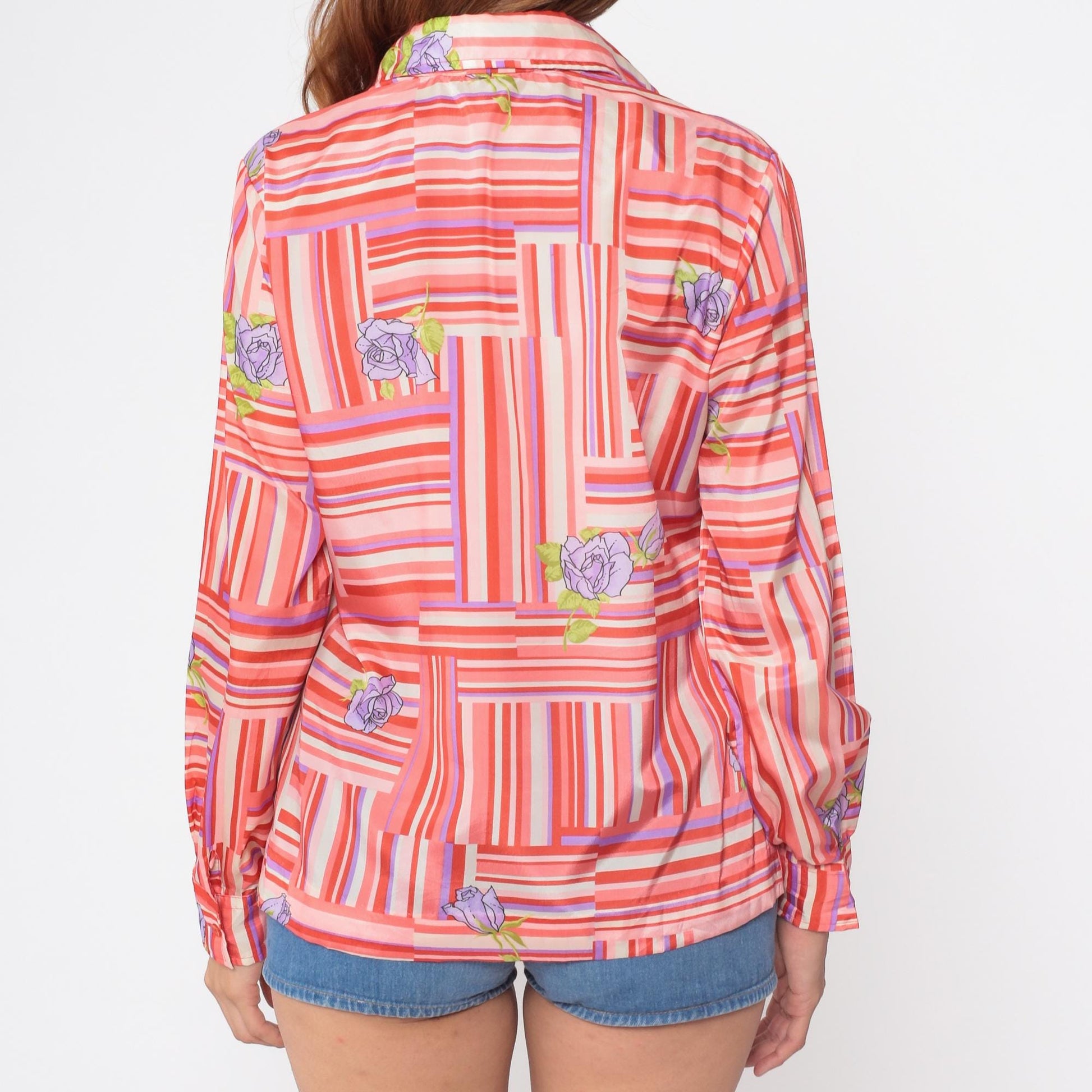 70s Coral Striped Floral Blouse Geometric Patchwork Purple Rose Button Down Large
