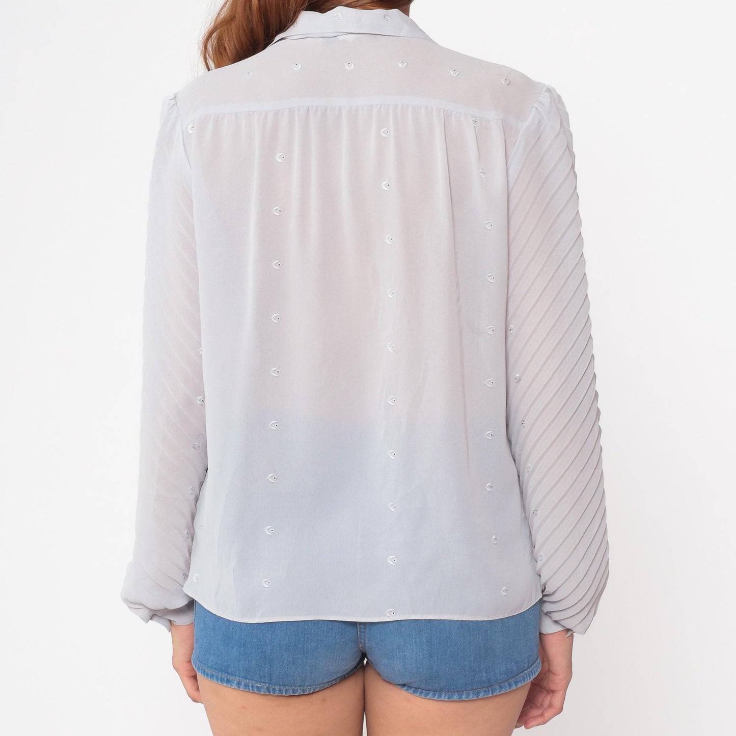 70s Diamonds of California Eyelet Blouse Grey Floral Cutout Long Sleeve Medium