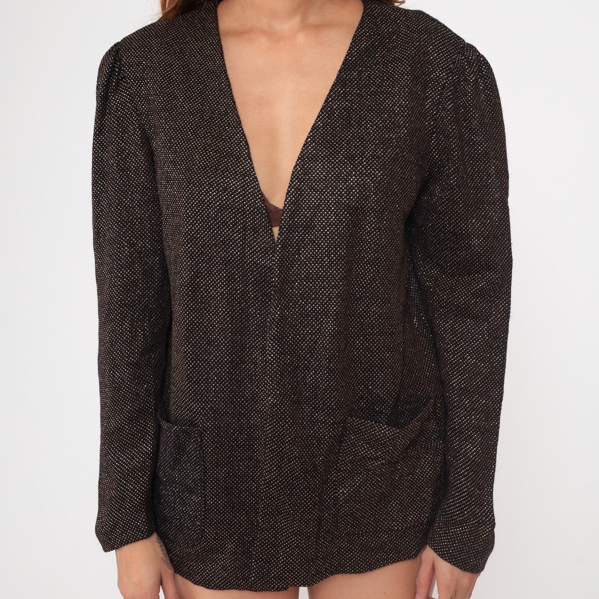 80s Lady Devon Black Gold Metallic Blazer V-Neck Open Front Medium