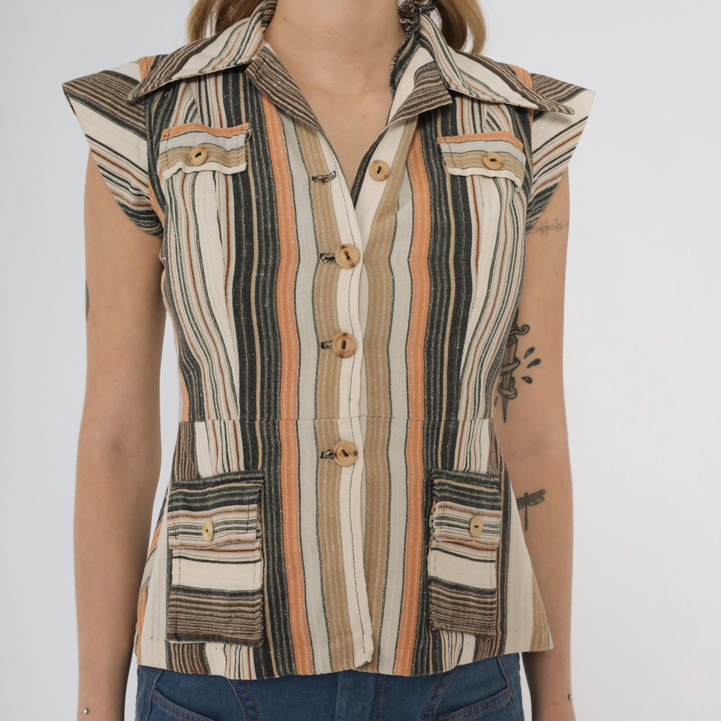 70s Earth Tone Striped Button-Front Blouse Cap Sleeve Pointed Collar XS