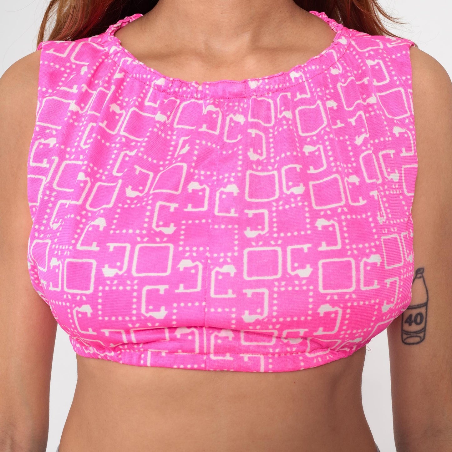 60s Pink Geometric Mod Crop Top Sleeveless Blouse White Print Extra Small XS