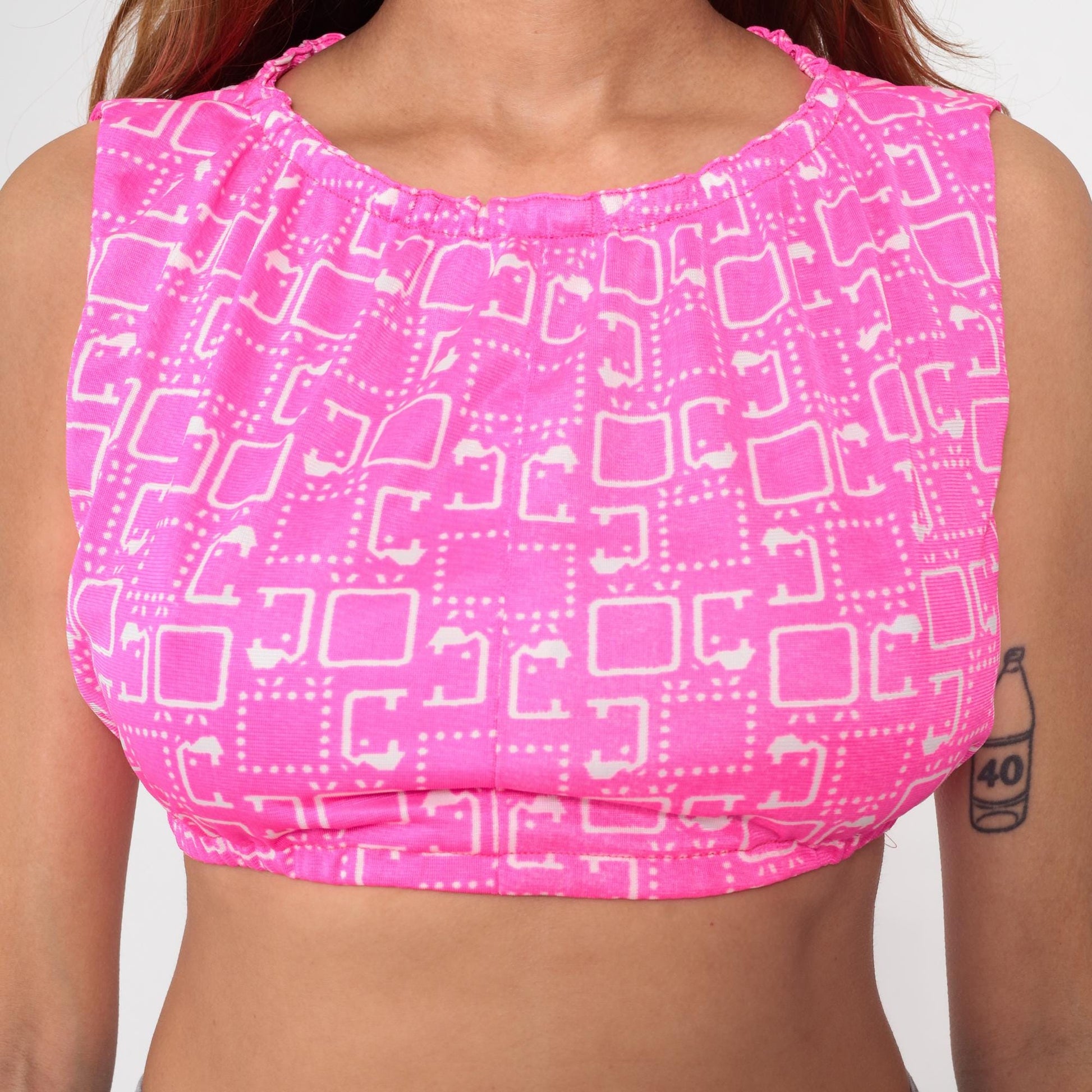 60s Pink Geometric Mod Crop Top Sleeveless Blouse White Print Extra Small XS
