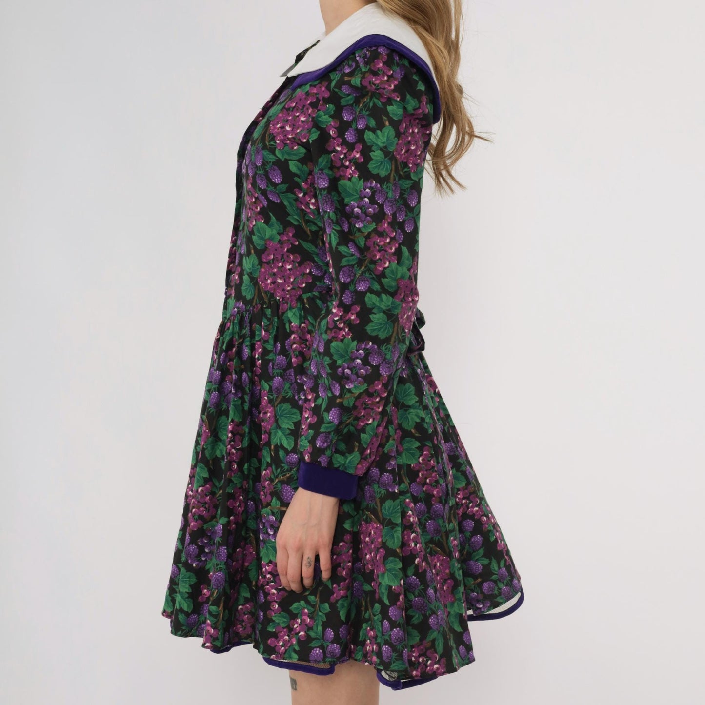 80s Bonnie Jean Purple Grape Print Dress Peter Pan Collar Extra Small XS