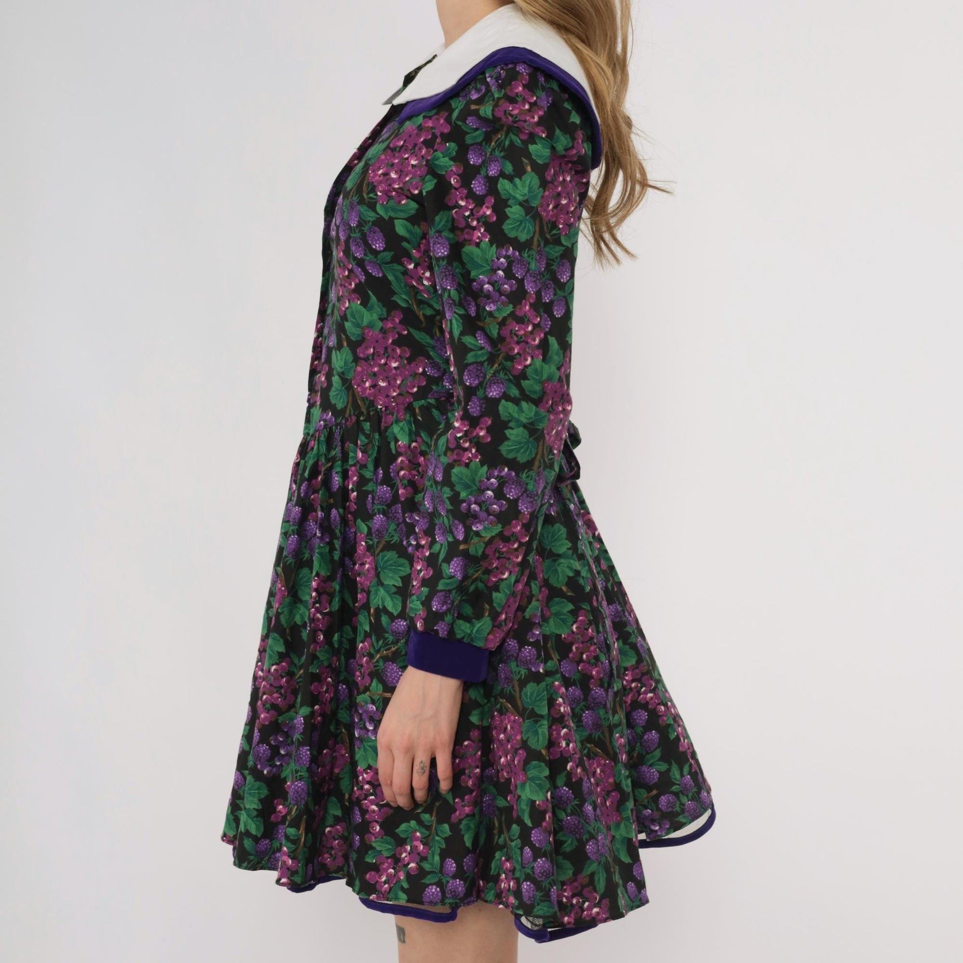 80s Bonnie Jean Purple Grape Print Dress Peter Pan Collar Extra Small XS