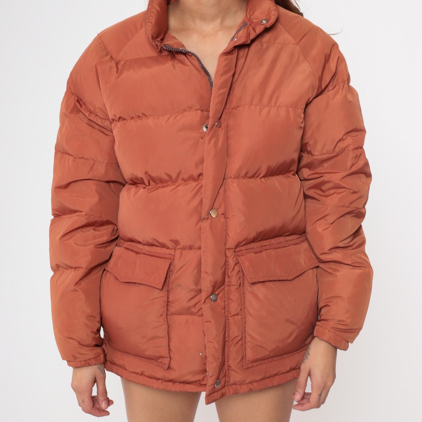 70s Put On Shop Sears Down Puffer Jacket Rust Orange Quilted Small