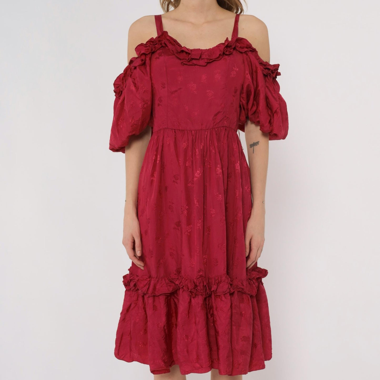 80s Burgundy Off-Shoulder Midi Dress Puff Sleeve Tiered Ruffle Small