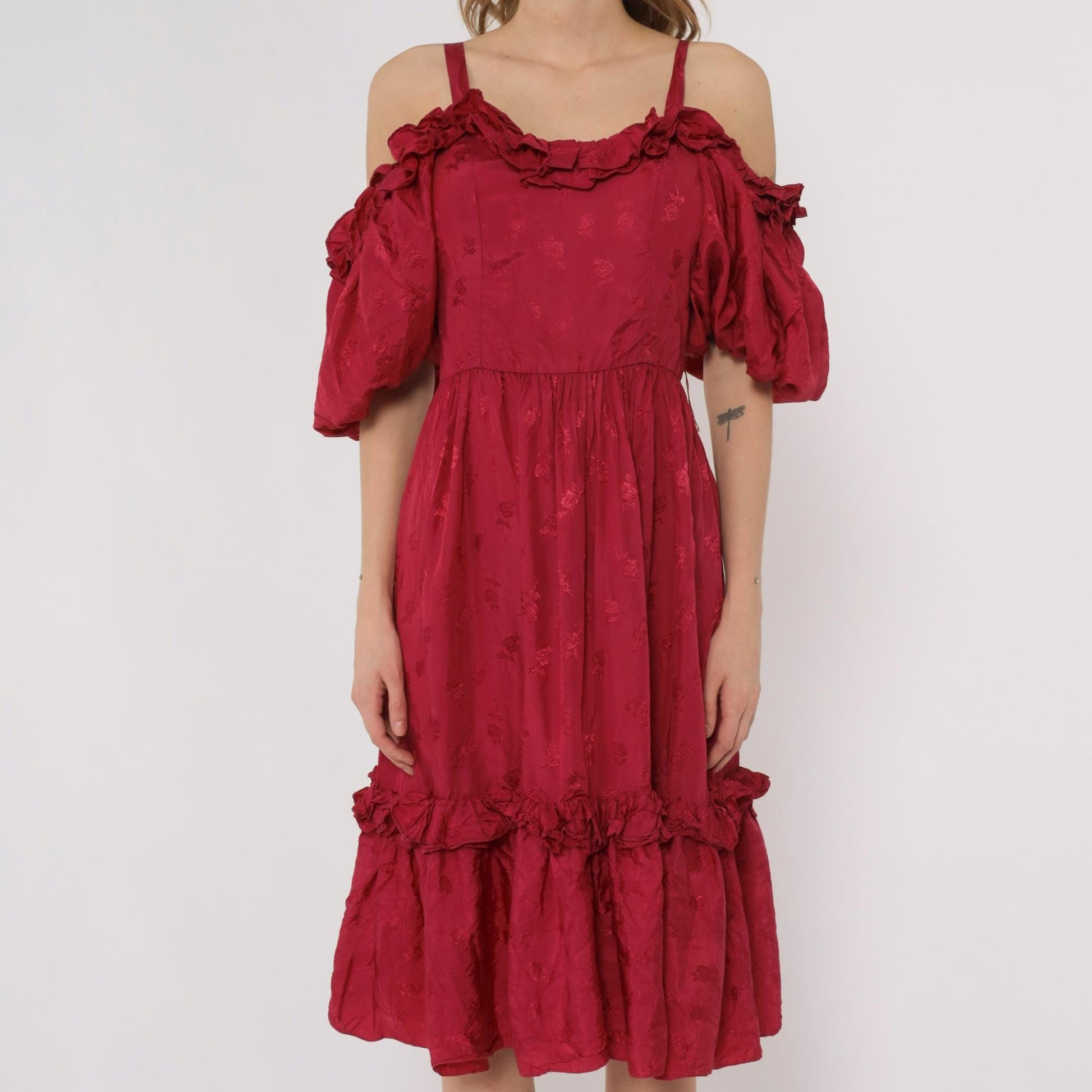 80s Burgundy Off-Shoulder Midi Dress Puff Sleeve Tiered Ruffle Small