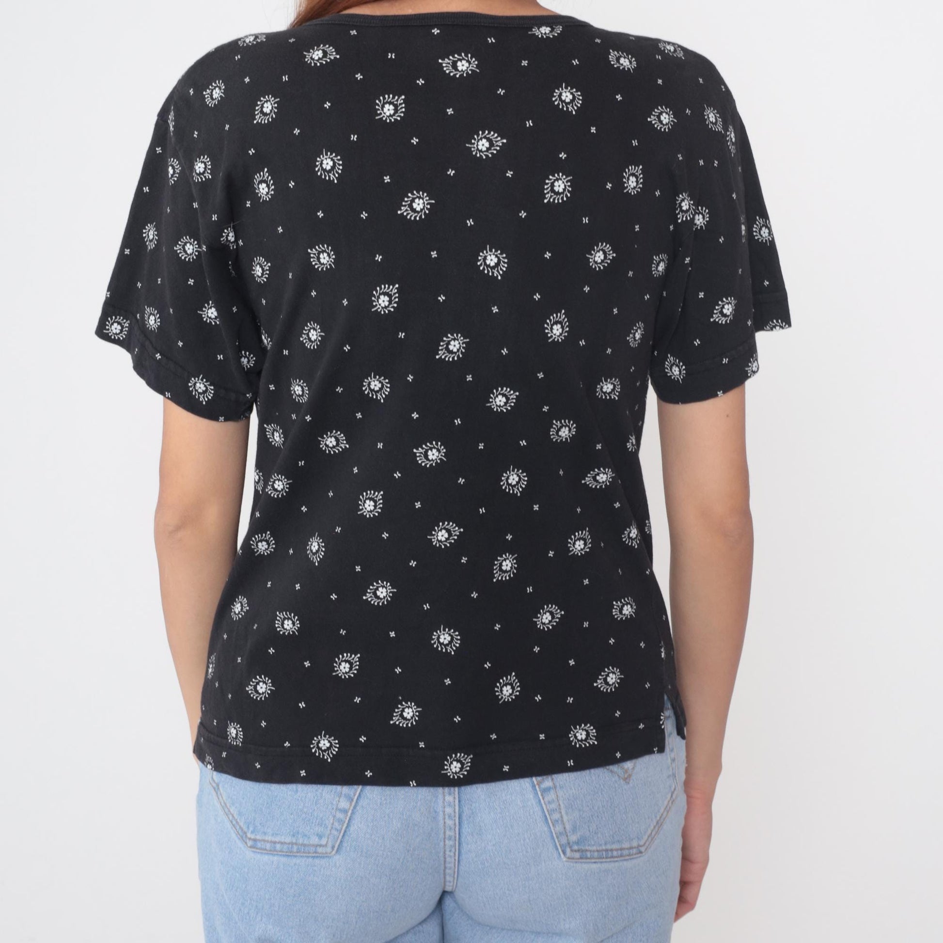 90s Liz Sport Floral Henley Top Black White Flowers Butterflies Small