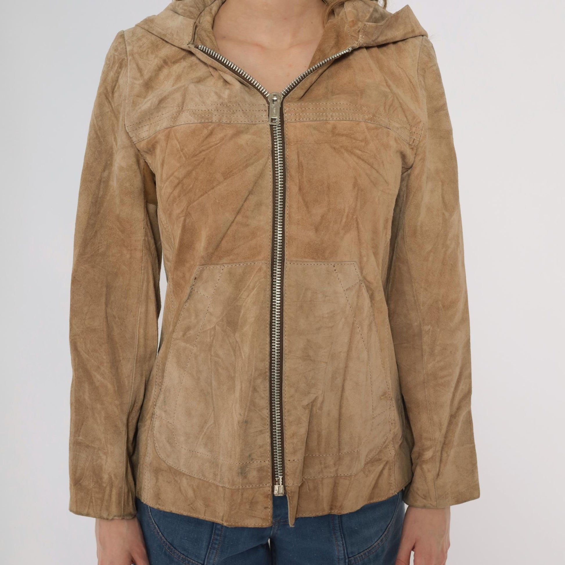 70s Tan Suede Hooded Jacket Zip Front Leather Small S
