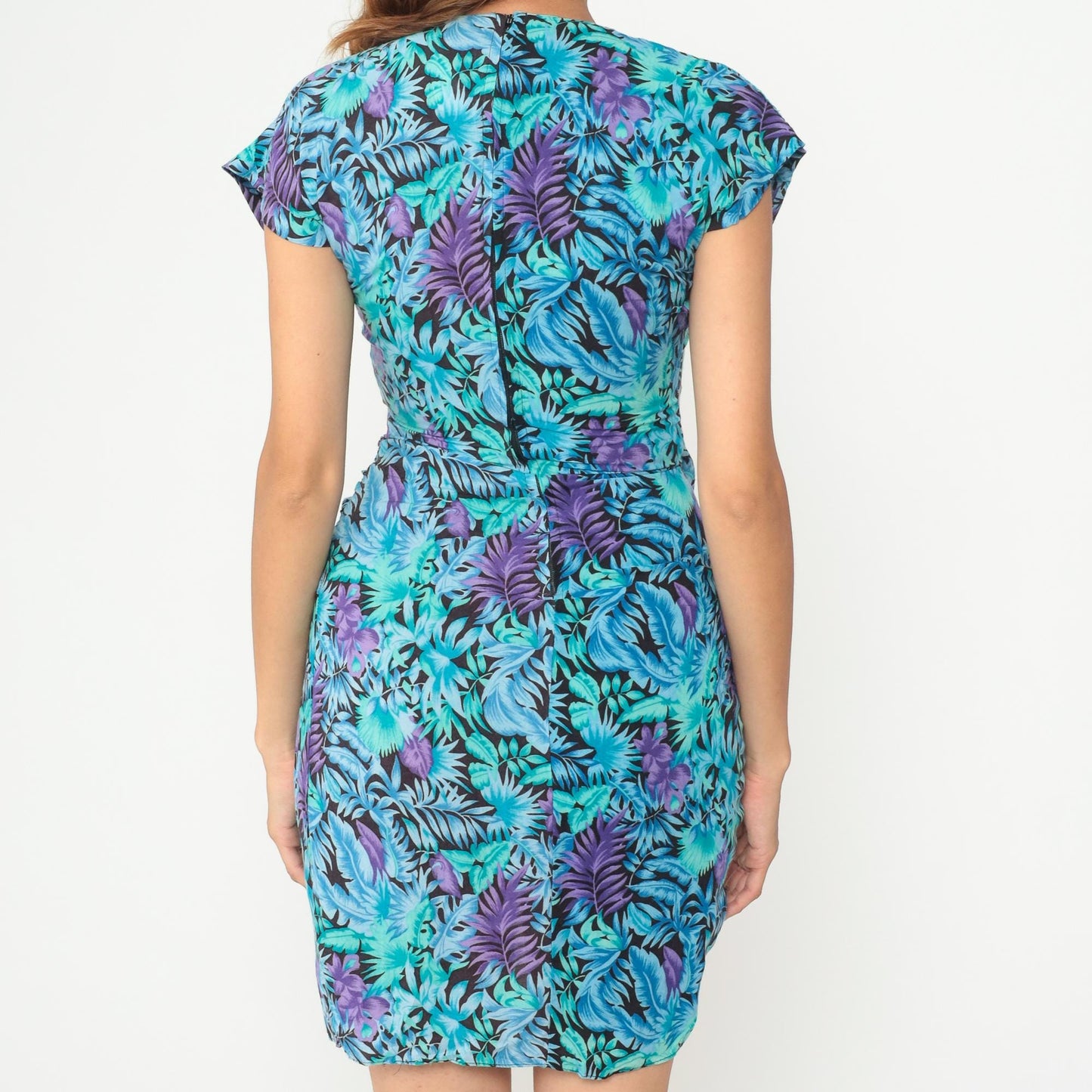90s Tropical Floral Wrap Dress Turquoise Purple Rayon Mini XS