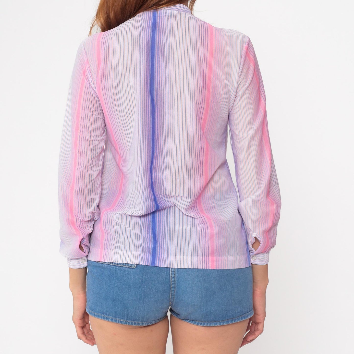 70s Alfred Dunner Striped Pussy Bow Blouse Pink Blue Button Up Small