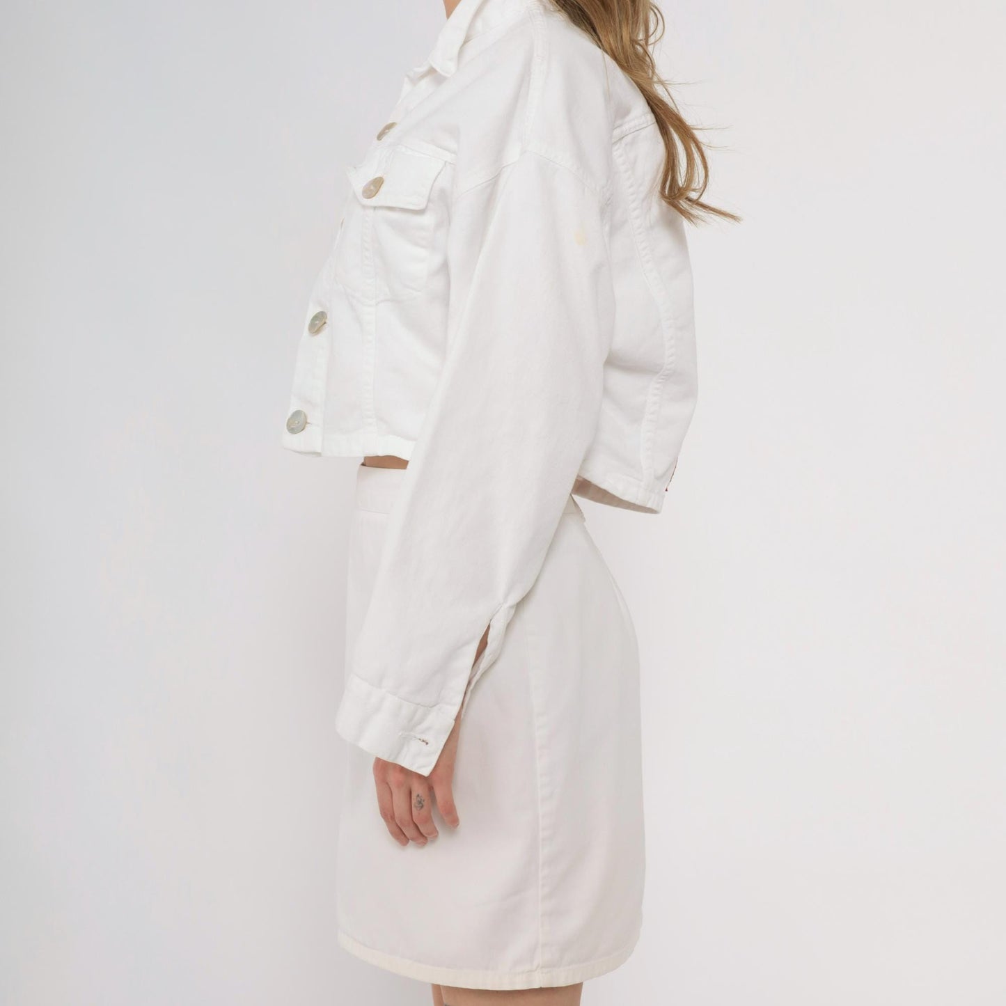 90s Bongo White Denim Crop Jacket Button Up Collar Medium M