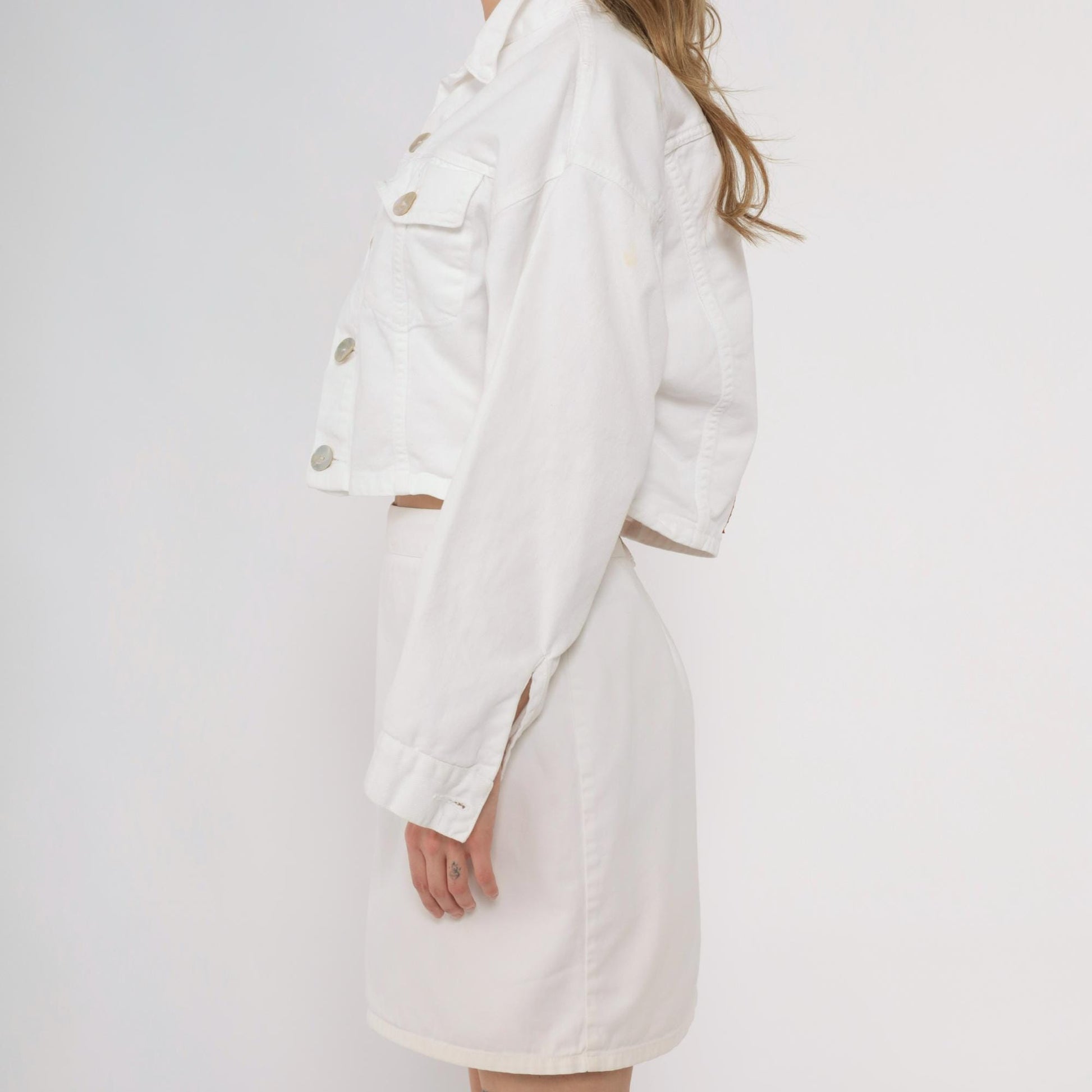 90s Bongo White Denim Crop Jacket Button Up Collar Medium M