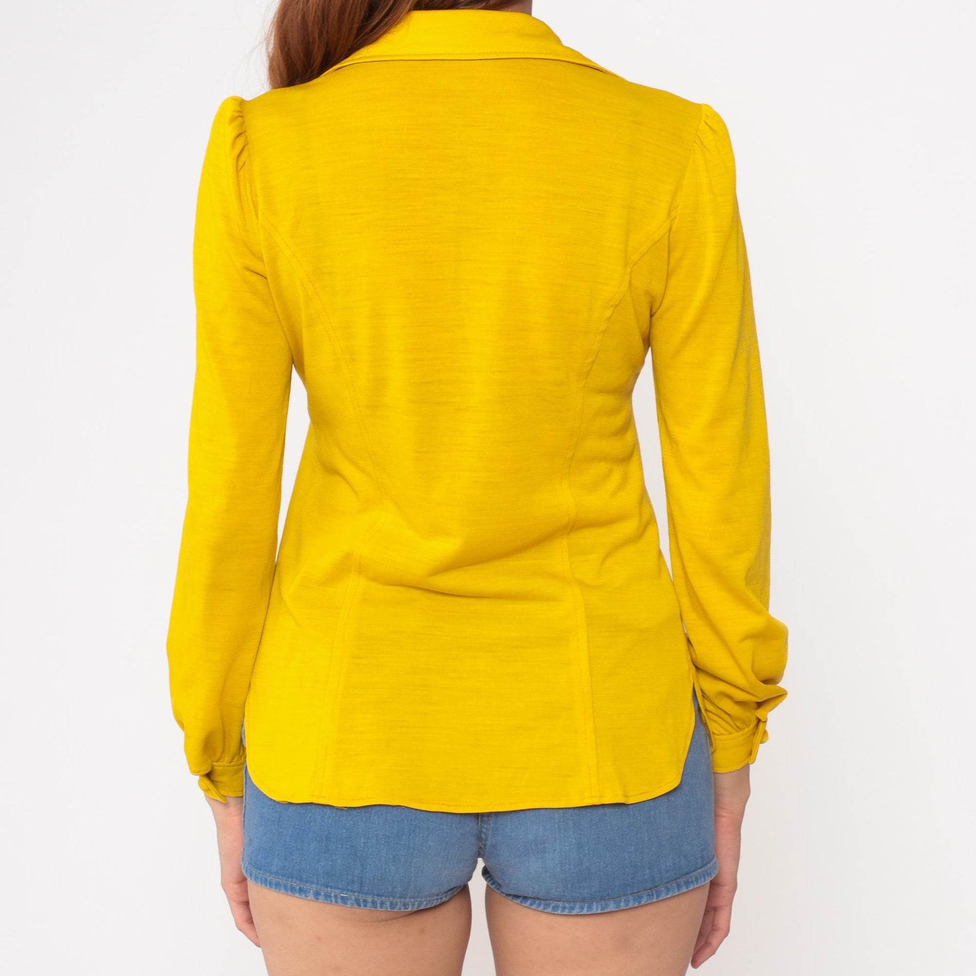 70s Mustard Yellow Button-Up Blouse Pointed Collar Long Sleeve Small S