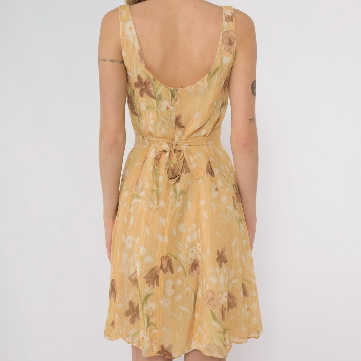 90s Barami Silk Floral Sundress Yellow Daisy Mini Tank Scoop Neck Extra Small
