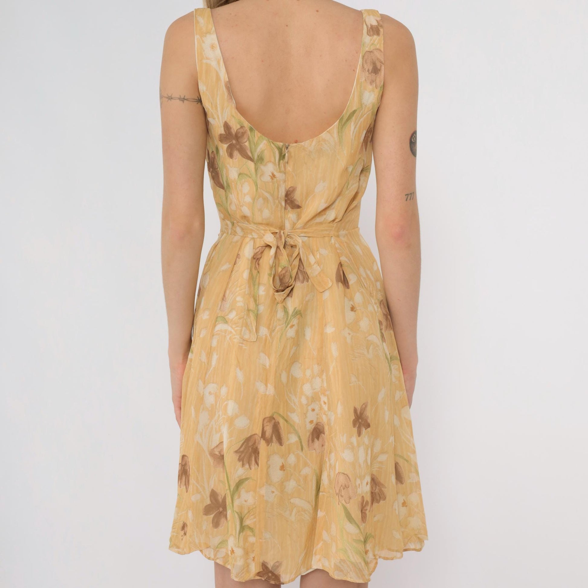 90s Barami Silk Floral Sundress Yellow Daisy Mini Tank Scoop Neck Extra Small