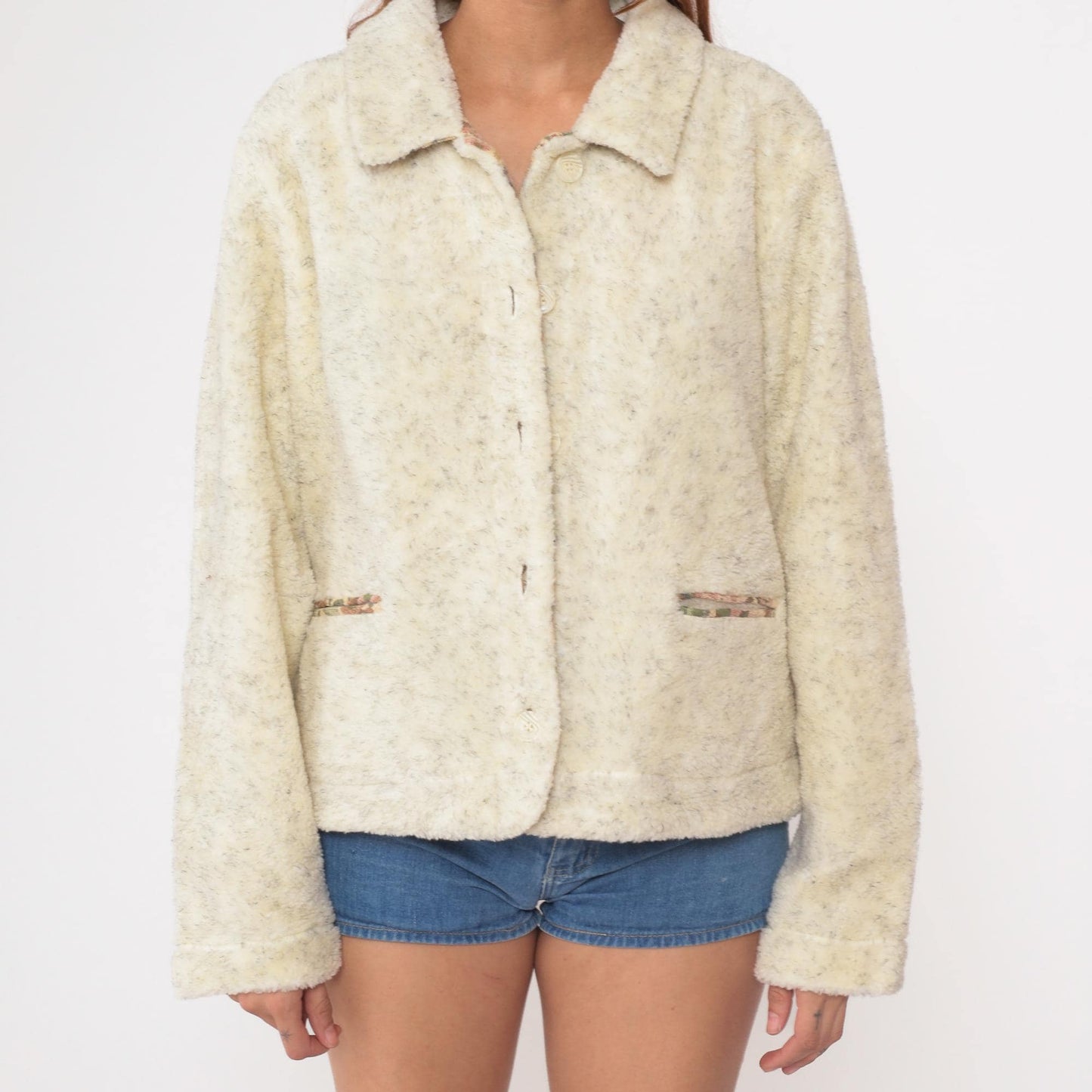 90s Cambridge Classics Cream Fleece Jacket Button Front Cropped Large L