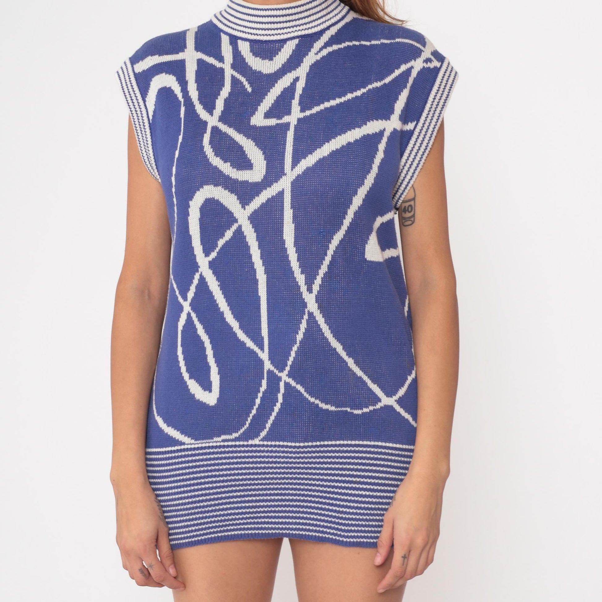 80s Richard & Co Periwinkle Geometric Knit Mock Neck Tunic Small