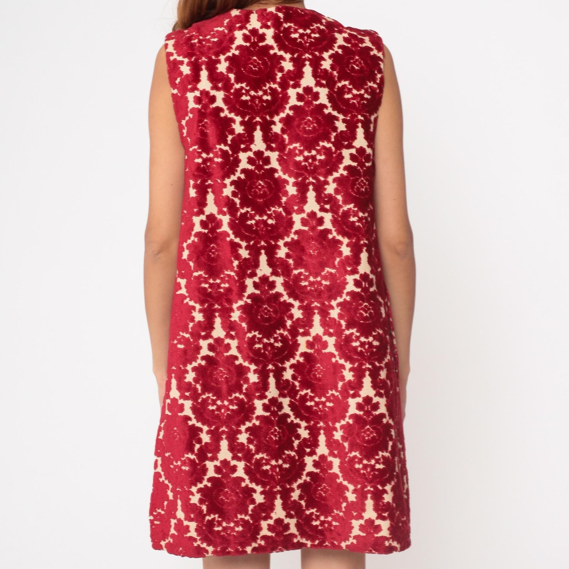 1970s VIP Red Velvet Floral Vest Sleeveless Long Open Front Small Medium