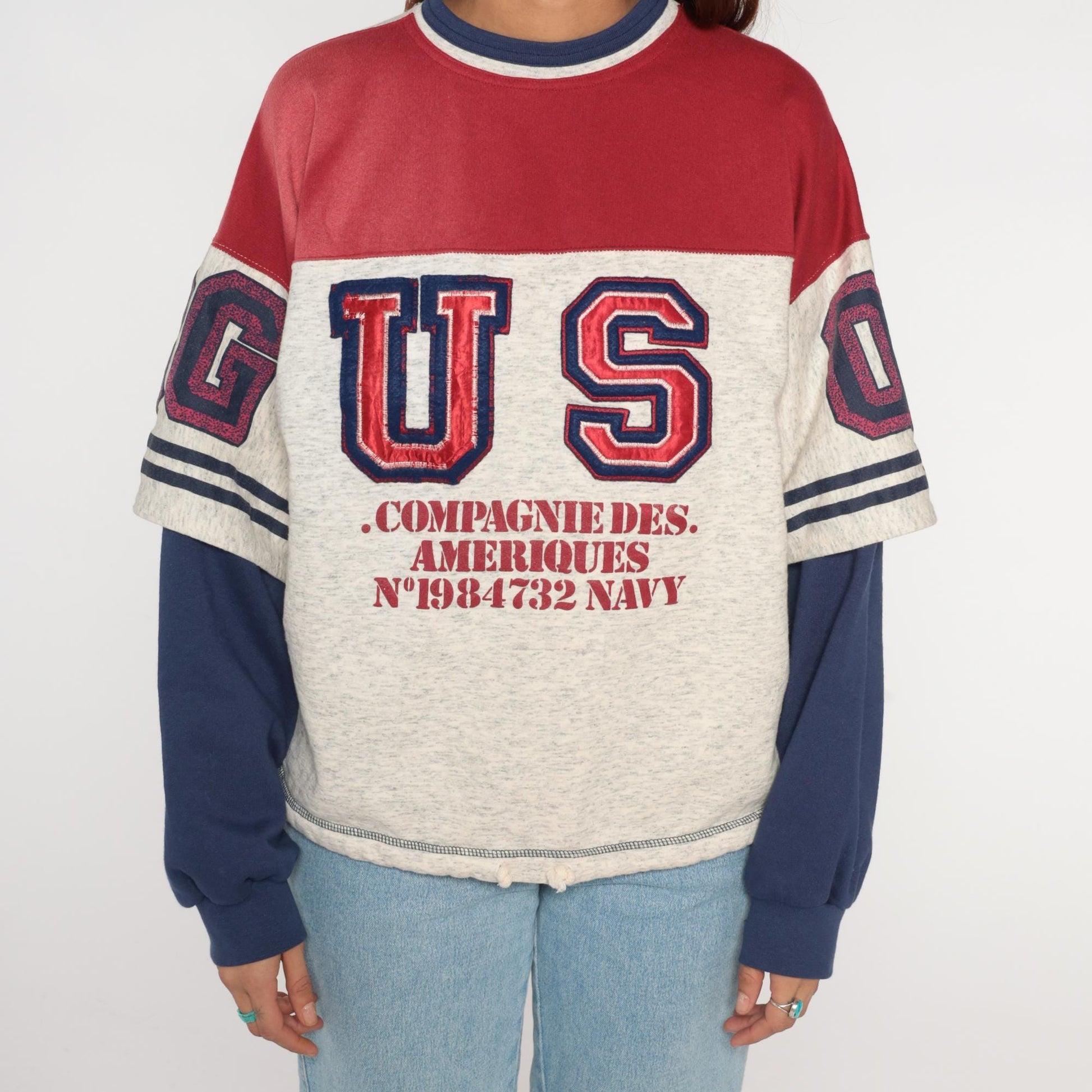 90s Compagnie Des Ameriques Color Block Sweatshirt Red White Navy Large L