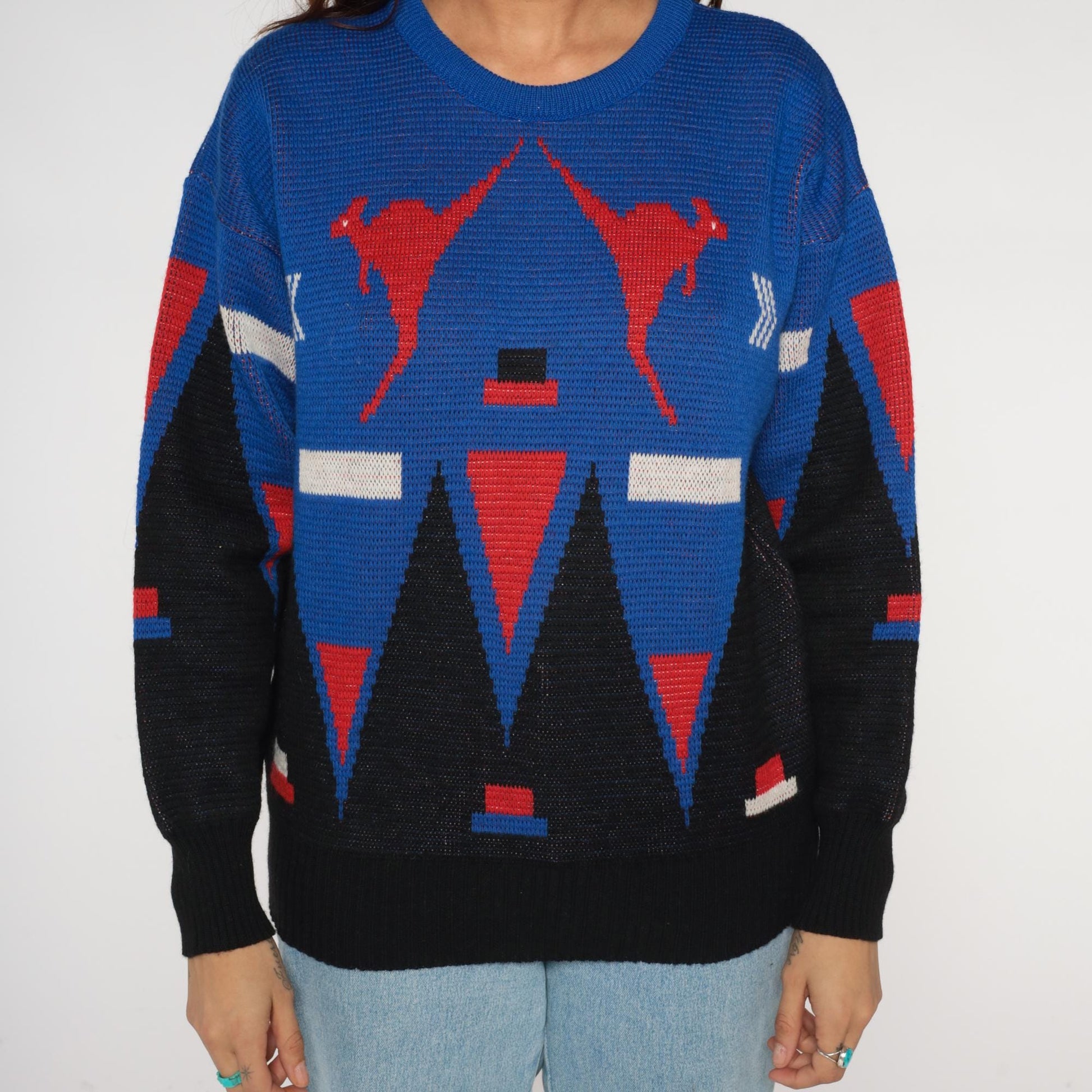 80s Hysport Australian Wool Sweater Kangaroo Geometric Colorblock Royal Blue Medium