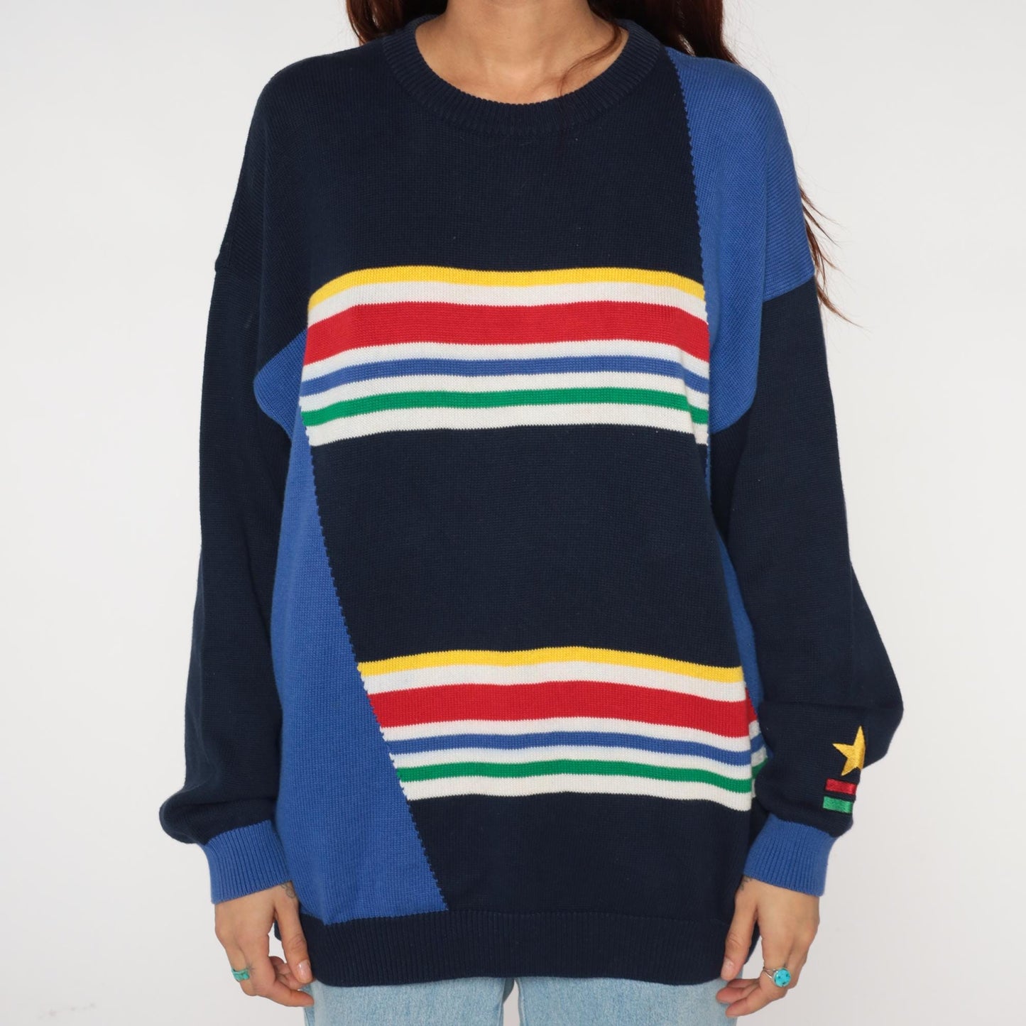 80s Navy Rainbow Stripe Knit Sweater Star Embroidered Colorblock Large