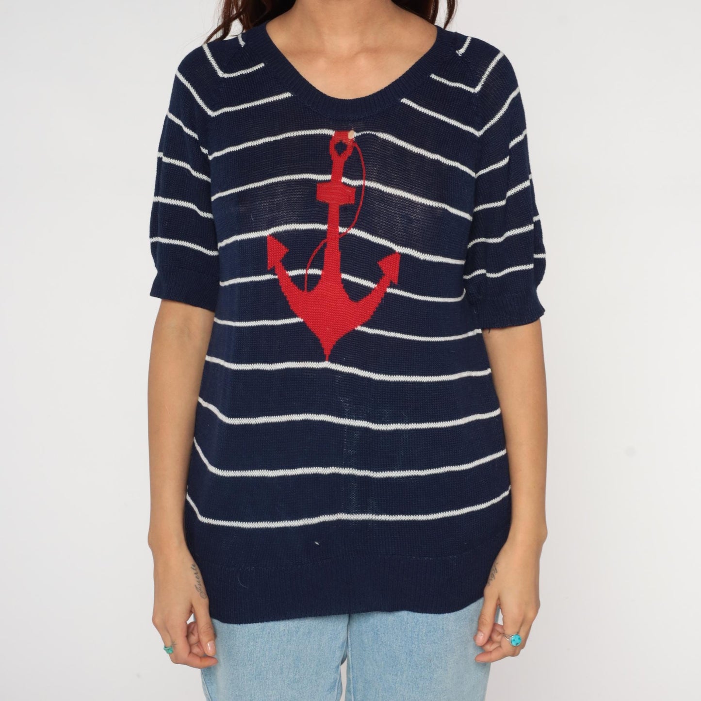 80s Nautical Anchor Sweater Navy White Striped Red Short Sleeve Medium