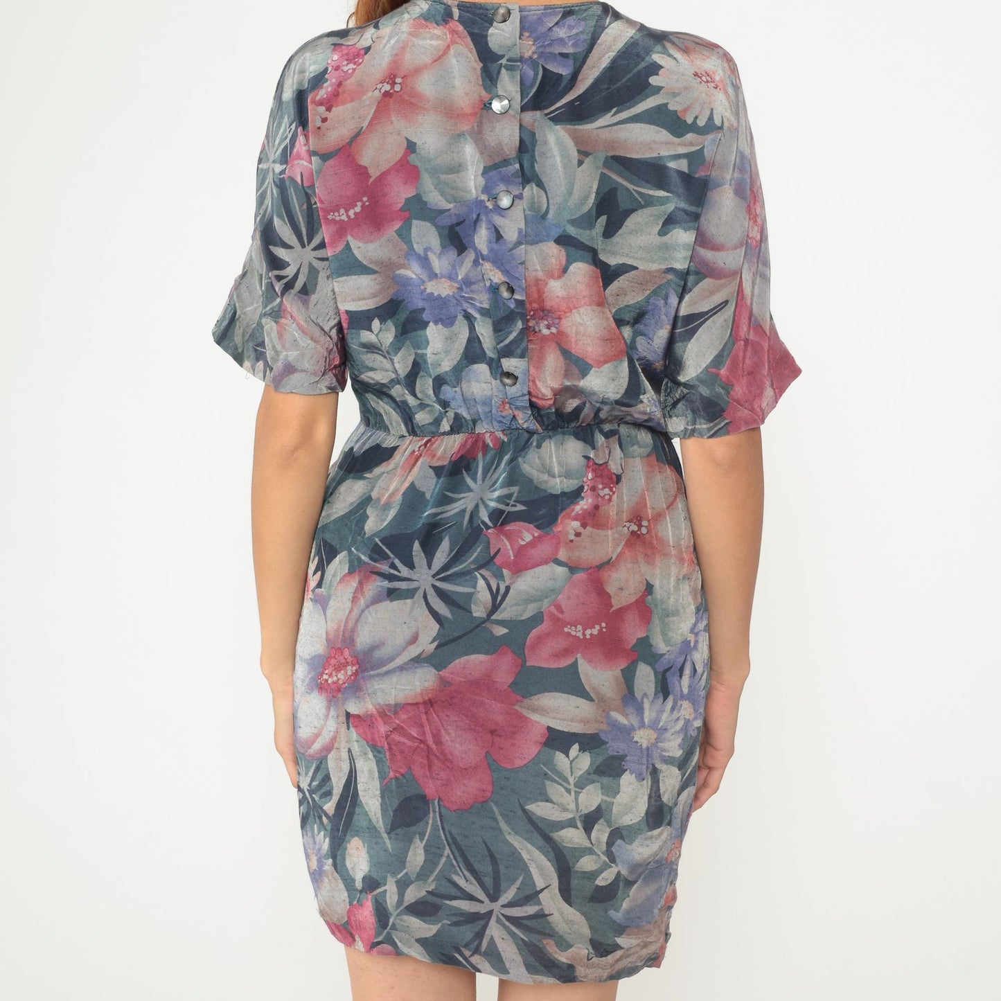 90s Watercolor Floral Mini Dress Teal Pink Rayon Flutter Sleeve Medium M