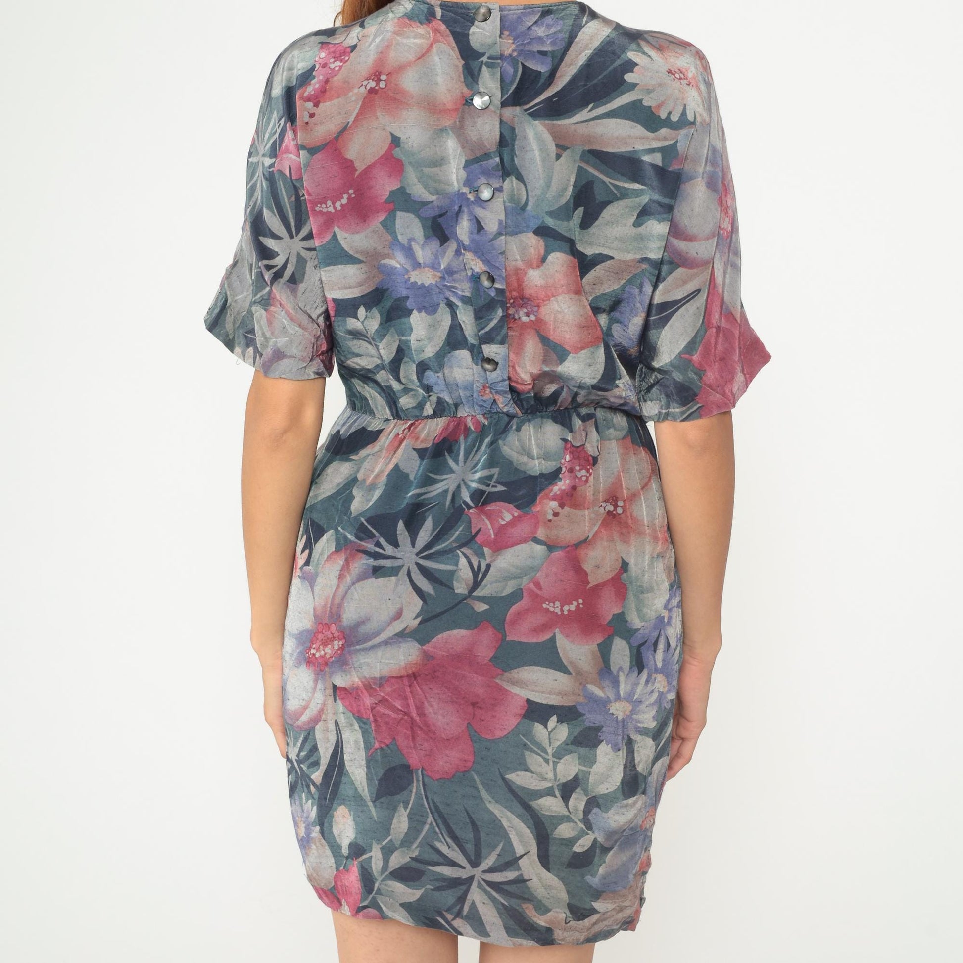 90s Watercolor Floral Mini Dress Teal Pink Rayon Flutter Sleeve Medium M