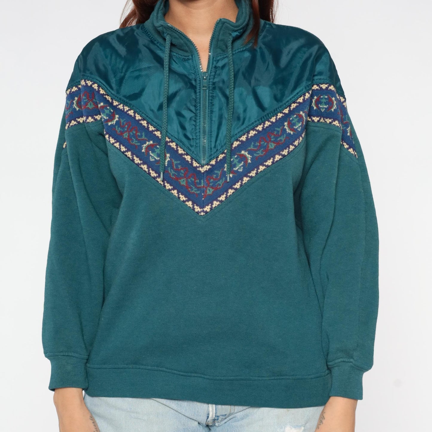 90s Chinawear Southwestern Quarter-Zip Sweatshirt Teal Chevron Embroidered Small