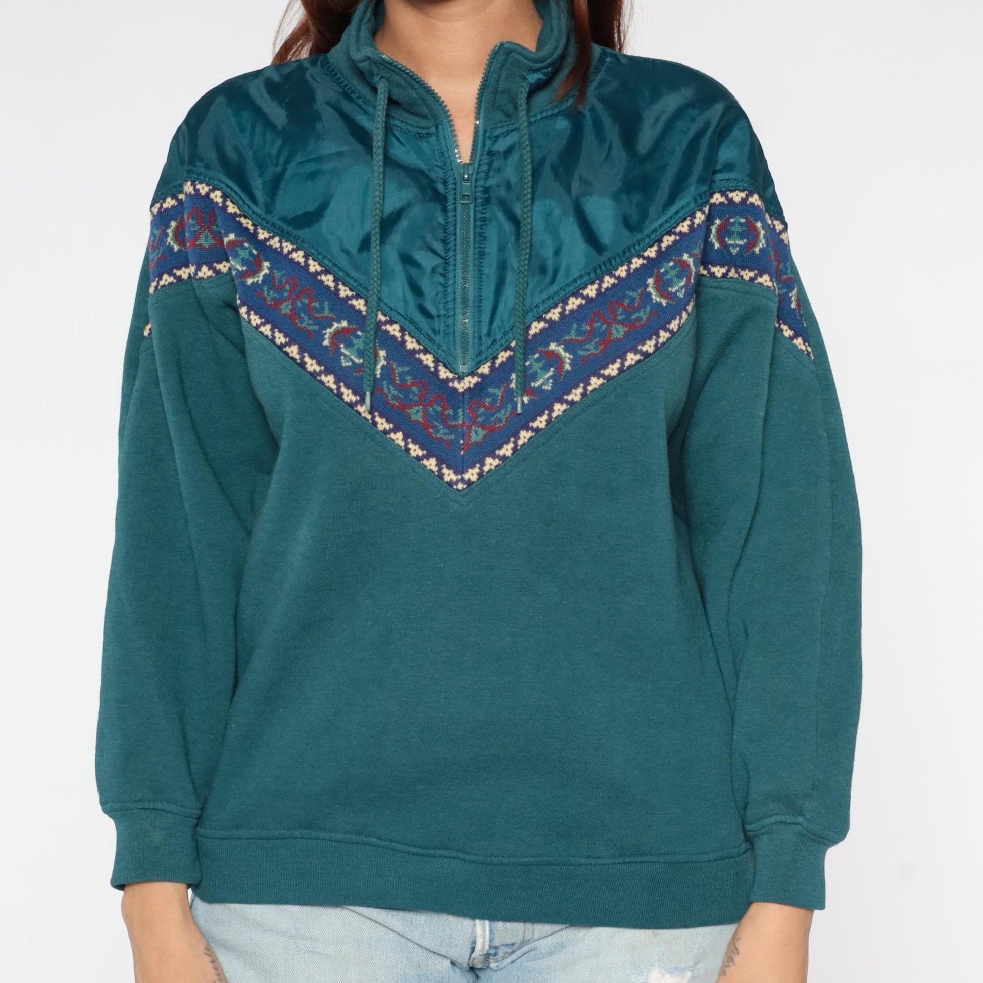 90s Chinawear Southwestern Quarter-Zip Sweatshirt Teal Chevron Embroidered Small