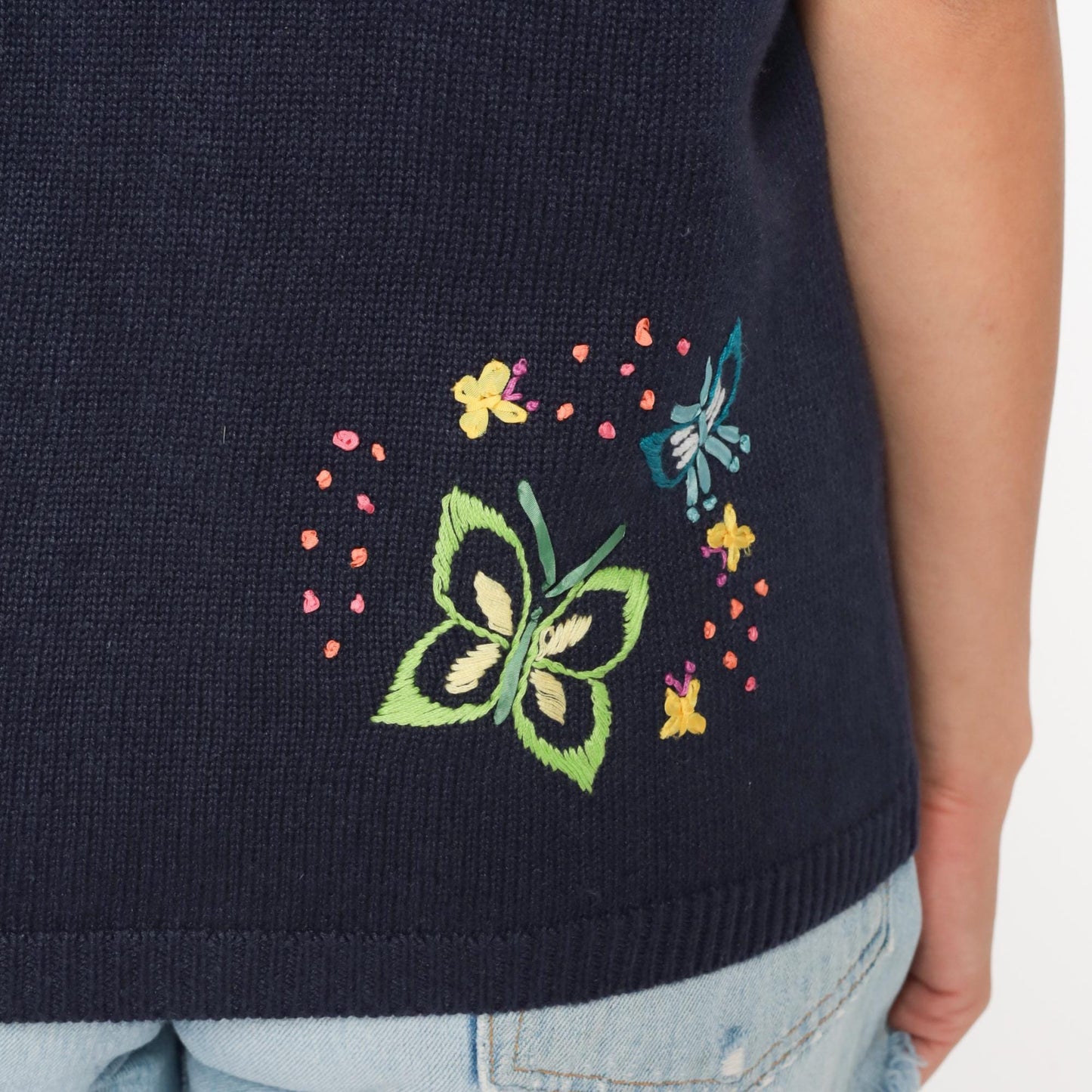 90s Navy Embroidered Butterfly Cardigan Short Sleeve Button Front Large L