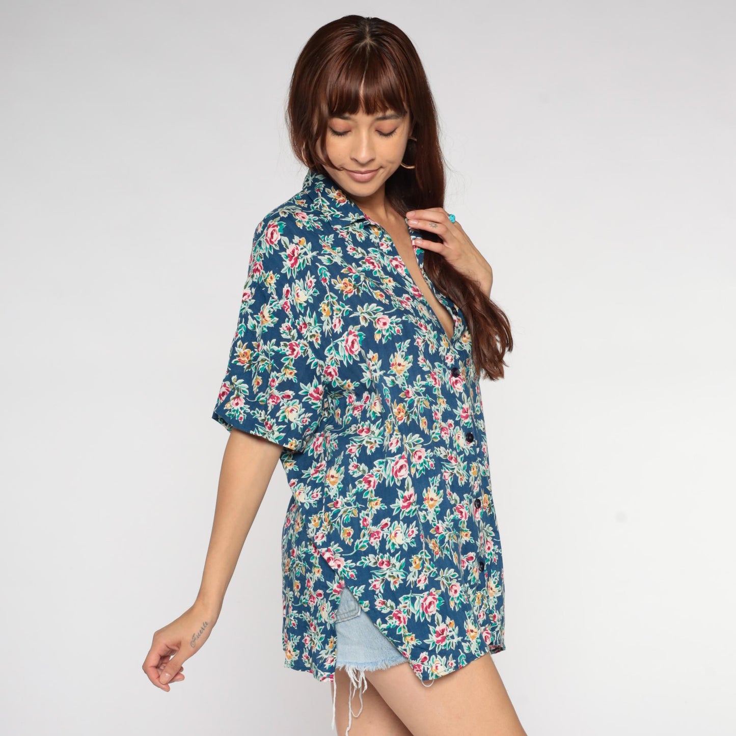90s Partners Floral Button-Up Shirt Navy Rayon Pink Yellow Green Large L