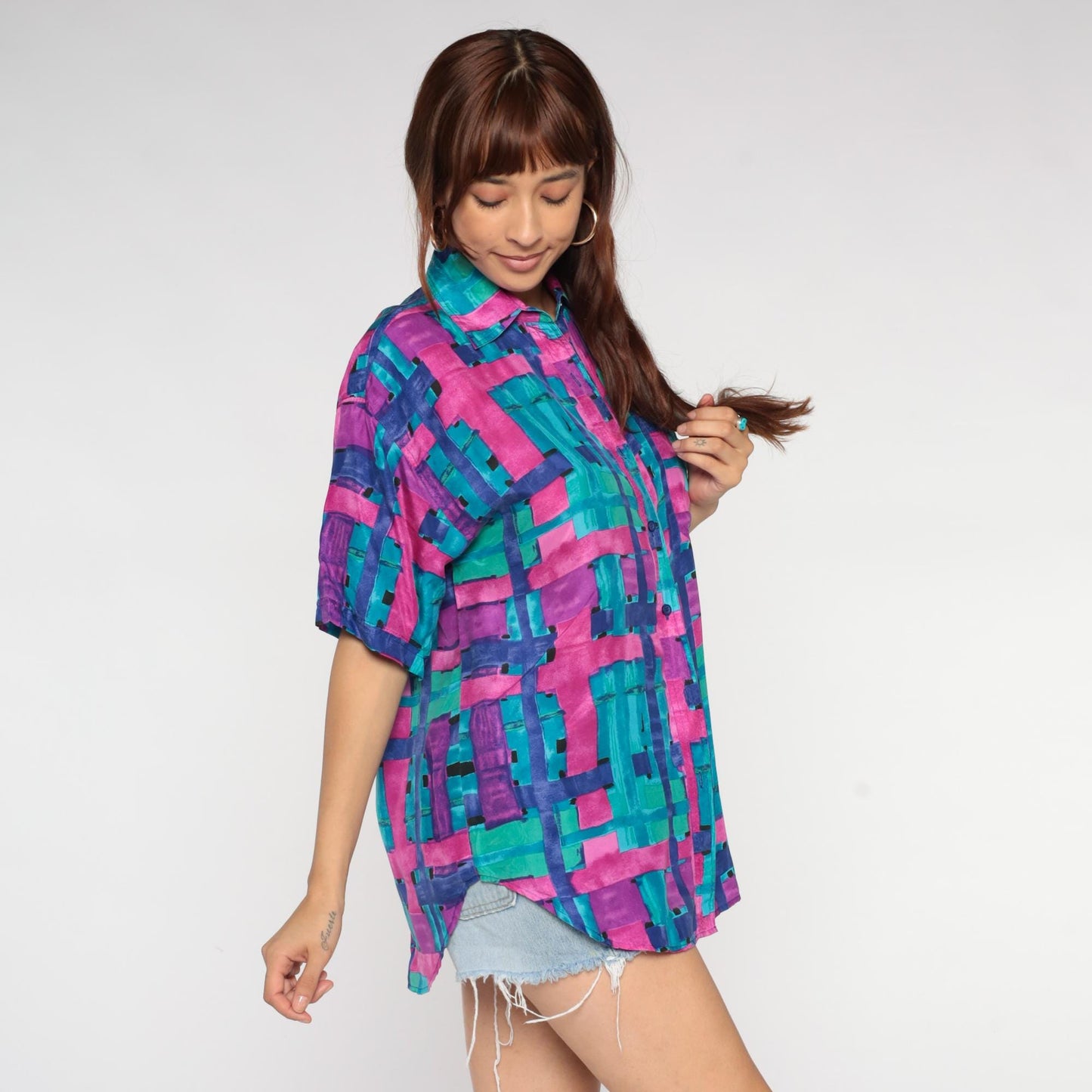 90s Silk Button Up Shirt Abstract Brushstroke Print Turquoise Pink Purple Small