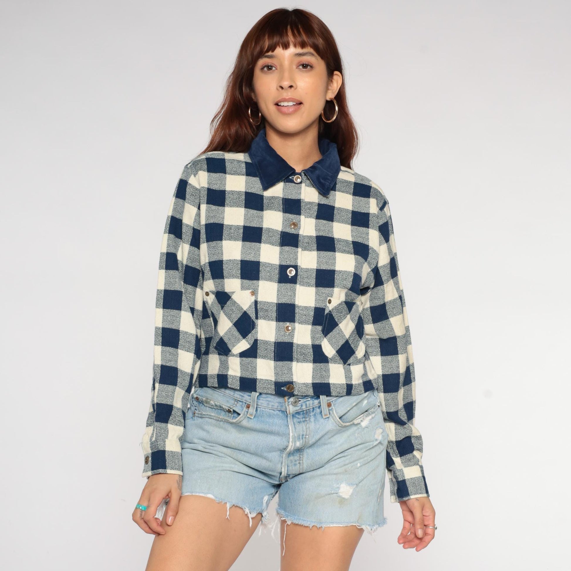 90s Commotion Buffalo Check Flannel Shirt Navy Cream Cropped Large L