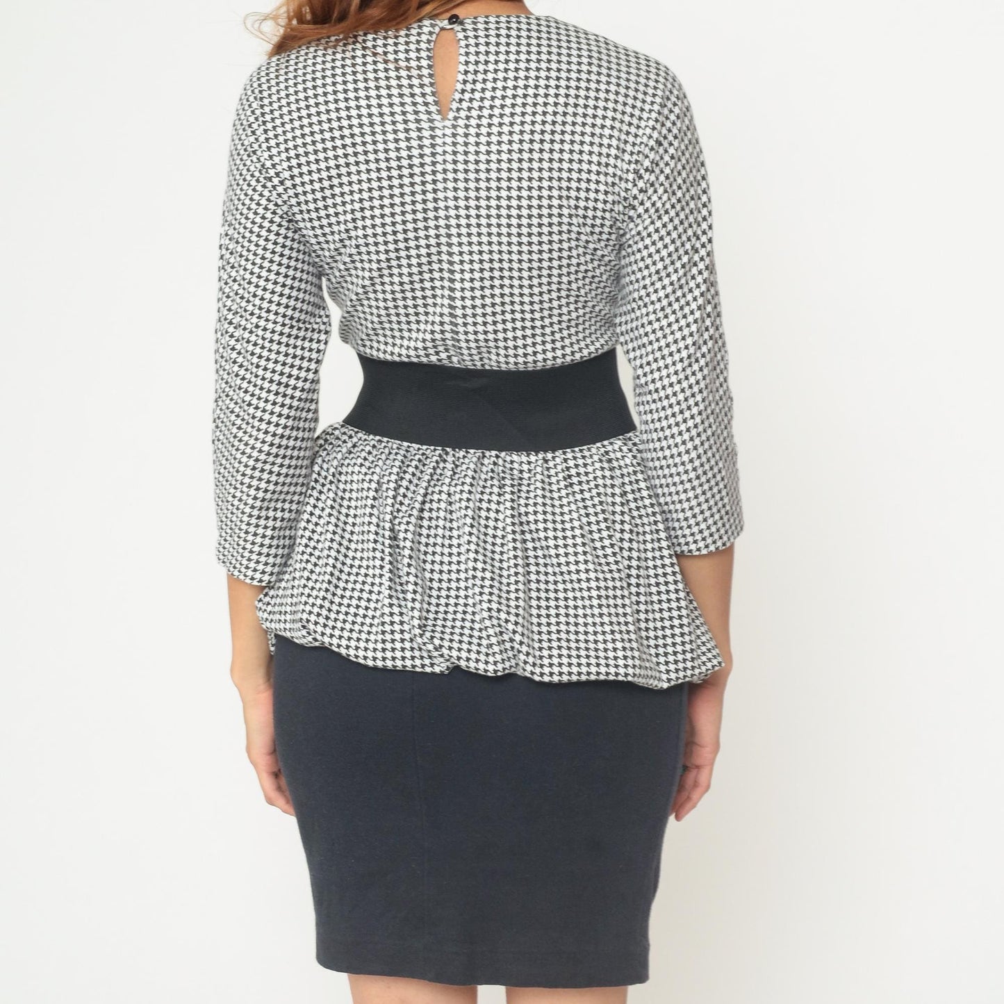 80s Houndstooth Mini Dress Black White Peplum Three Quarter Sleeve Small S