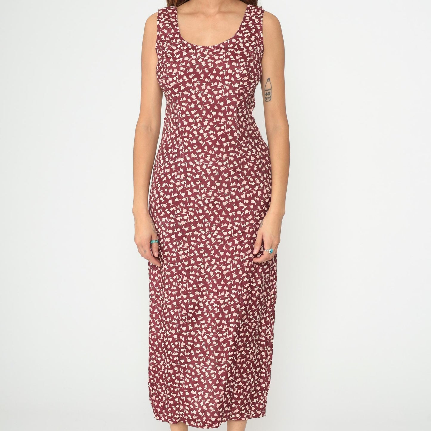 90s Burgundy Floral Midi Dress Rayon Sleeveless Scoop Neck Medium