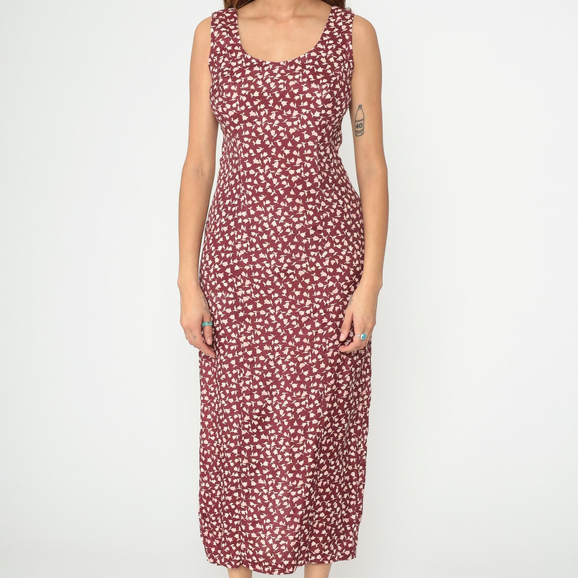 90s Burgundy Floral Midi Dress Rayon Sleeveless Scoop Neck Medium